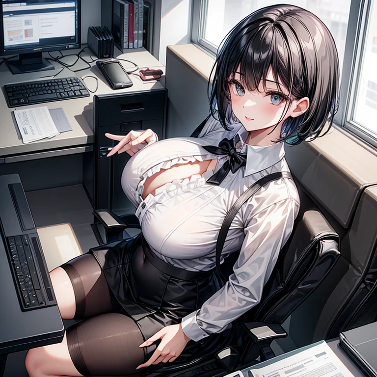 1girl, (office worker), navel up shot, loosening the collar, (voluptuous lips), smiling full of confidence, intellectual and stern expression, natural cheek, super beautiful, perfect body, medium large breast, thin eyebrows, top quality,(glossy black hair, extra short hair, bobstyle, straight bang), wearing business attire, it consists white frilled dress shirt, dark gray suit jacket and dark gray knee length tight skirt, the frill on shirt is very delicate and compilaced pattern, at a large office with a lot of computer, sunny outside the window, 8k, ultra detailed, masterpiece,