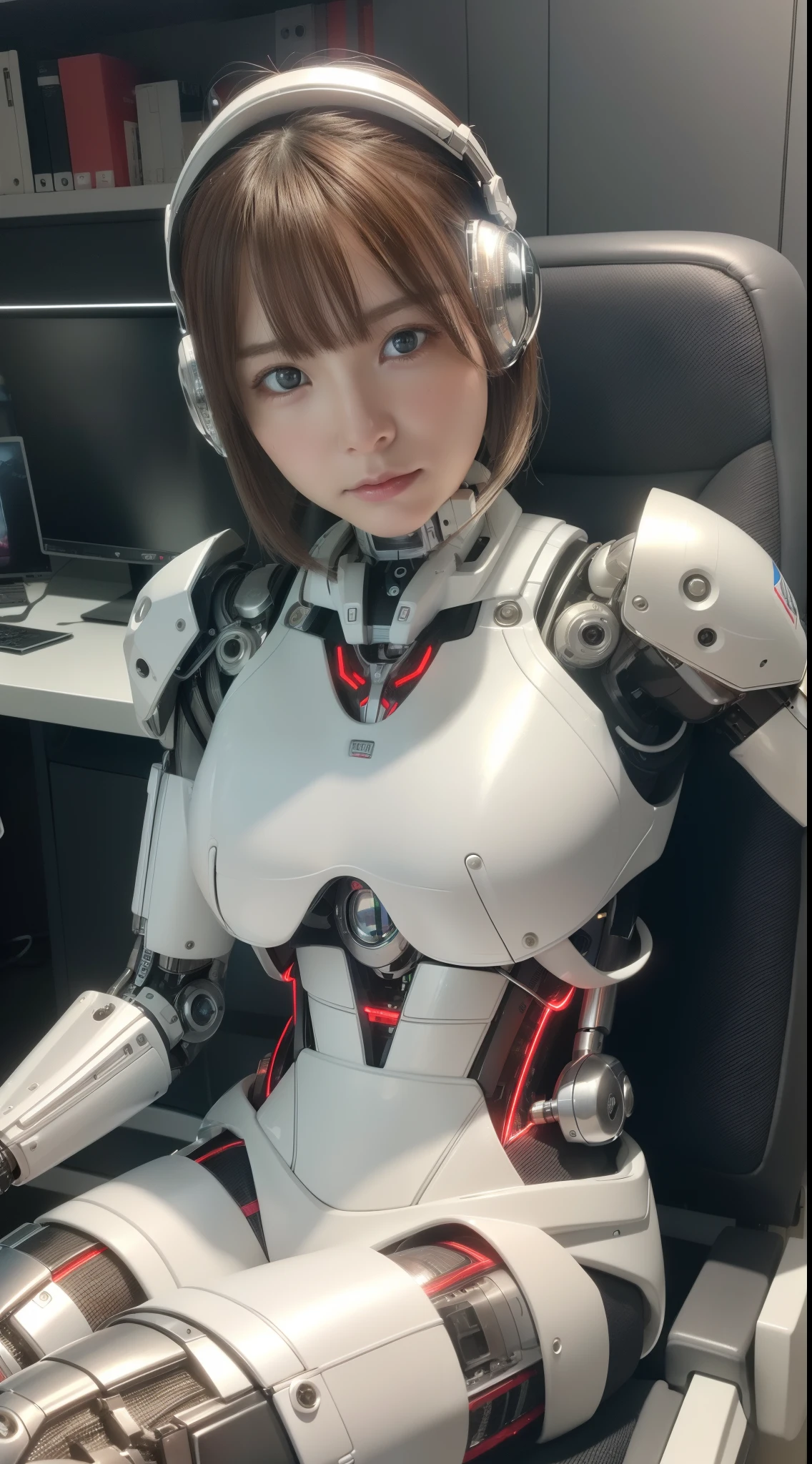 Girl in futuristic white shiny heavy armored robot suit takes photo、perfect android girl, gynoid cyborg body, Perfect Anime Cyborg Woman, Beautiful Female Android!, Female robot, fully robotic!! girl, Cute cyborg girl, cybersuit, Girl in Mecha Cyber Armor, cybersuit, beutiful white girl cyborg, Beautiful Female Android, Beautiful girl cyborg、Cute cyborg girl with short bob hair、Gravure Model Android Beautiful Girl、(A smile)、((Rounded white massive chest armor))、(((Long sensor antennas in both ears)))、(((Robot Girl)))、(((Beautiful Girls Android)))、