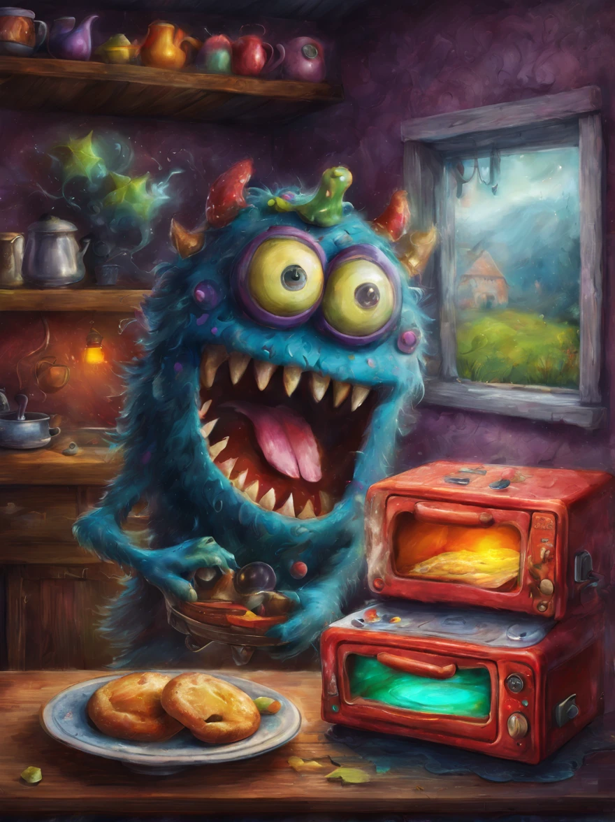 colorful toaster oven monster, Artistically rendered, styles:by Alexander Jansson, amazingly beautiful work, Landscape characters and elements fit perfectly within the image frame, Detailed realization, Definition High Quality, expressive faces, Sharp eyes,(Background with:ghost house kitchen),masterpiece,cute monster