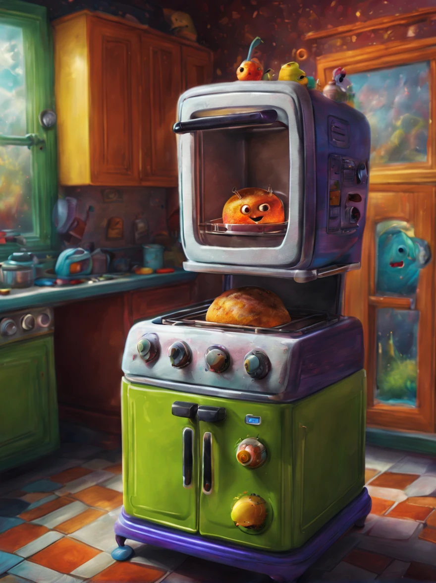 colorful toaster oven monster, Artistically rendered, styles:by Alexander Jansson, amazingly beautiful work, Landscape characters and elements fit perfectly within the image frame, Detailed realization, Definition High Quality, expressive faces, Sharp eyes,(Background with:ghost house kitchen),​masterpiece,cute monster