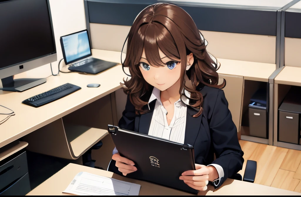 Office lady working on a computer at her office desk、1girl in, serious, brown Wavy hair