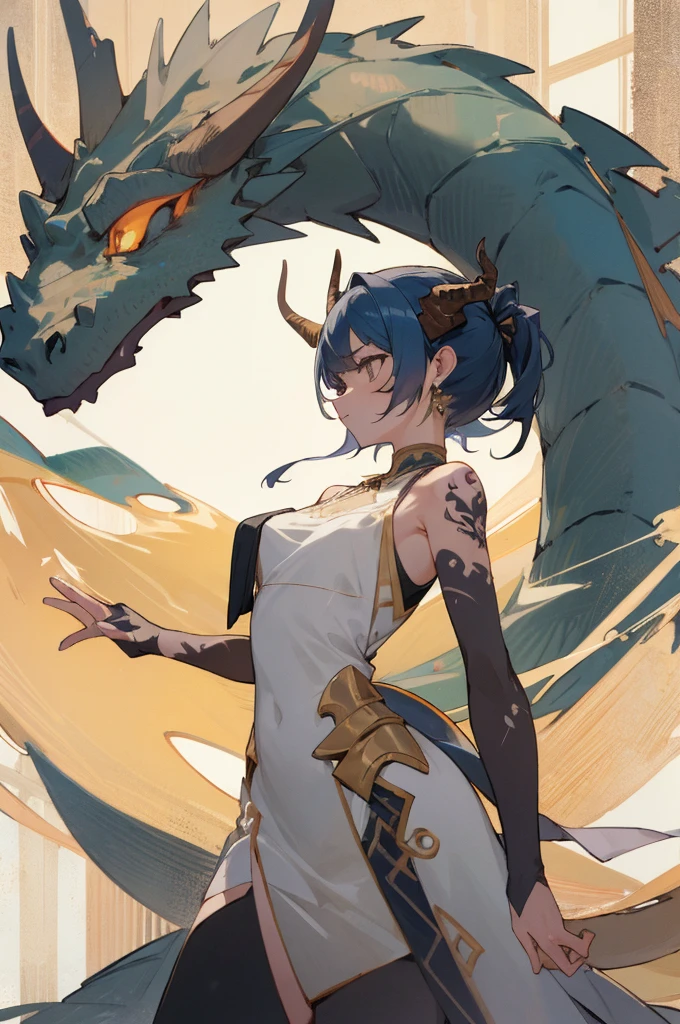 masterpiece, best quality, absurdres, perfect anatomy, standing, 1girl, solo, arm tattoo, bare shoulders, sleeveless, dress, dragon girl, dragon horns, jewelry, tail