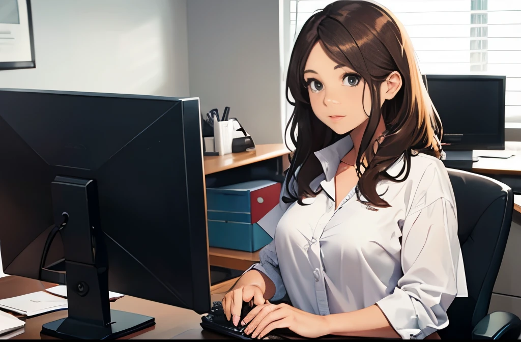 Office lady working on a computer at her office desk、1girl in, serious, brown Wavy hair