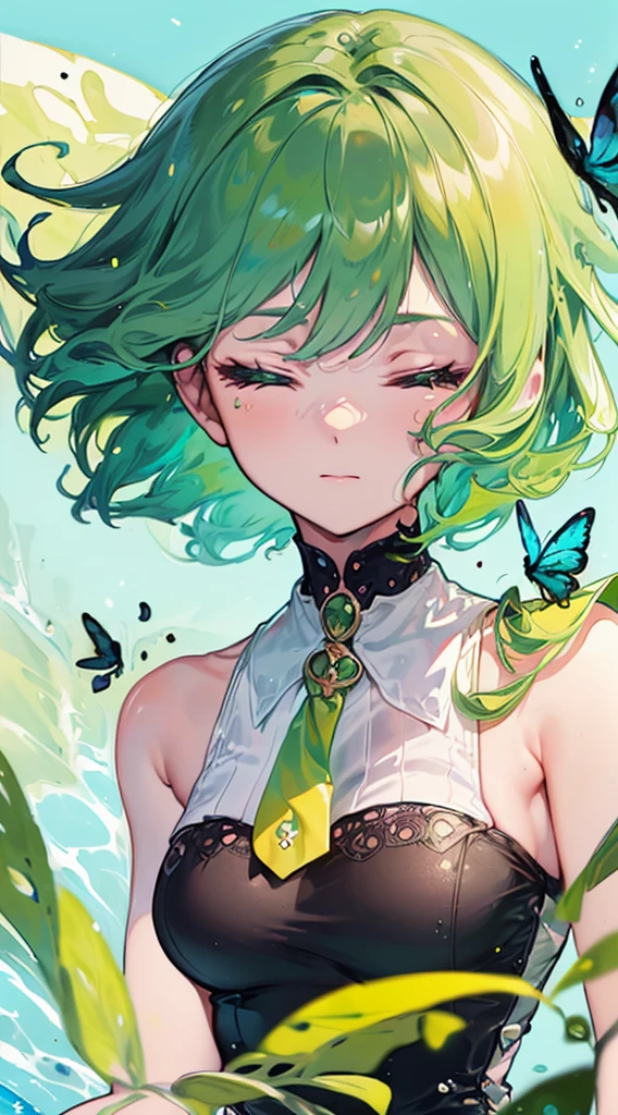 ((top-quality, 8K)), (Realistic), (Face Focus: 1.1), (Yellow and green: 1.3), Kawaii Girl, short-hair,
Hair fluttering in the wind, Facing to the side, Look up at your face, Eyes closed, (Sleeveless: 1.1)、Skirt, D Cup Breasts, Countless butterflies,
