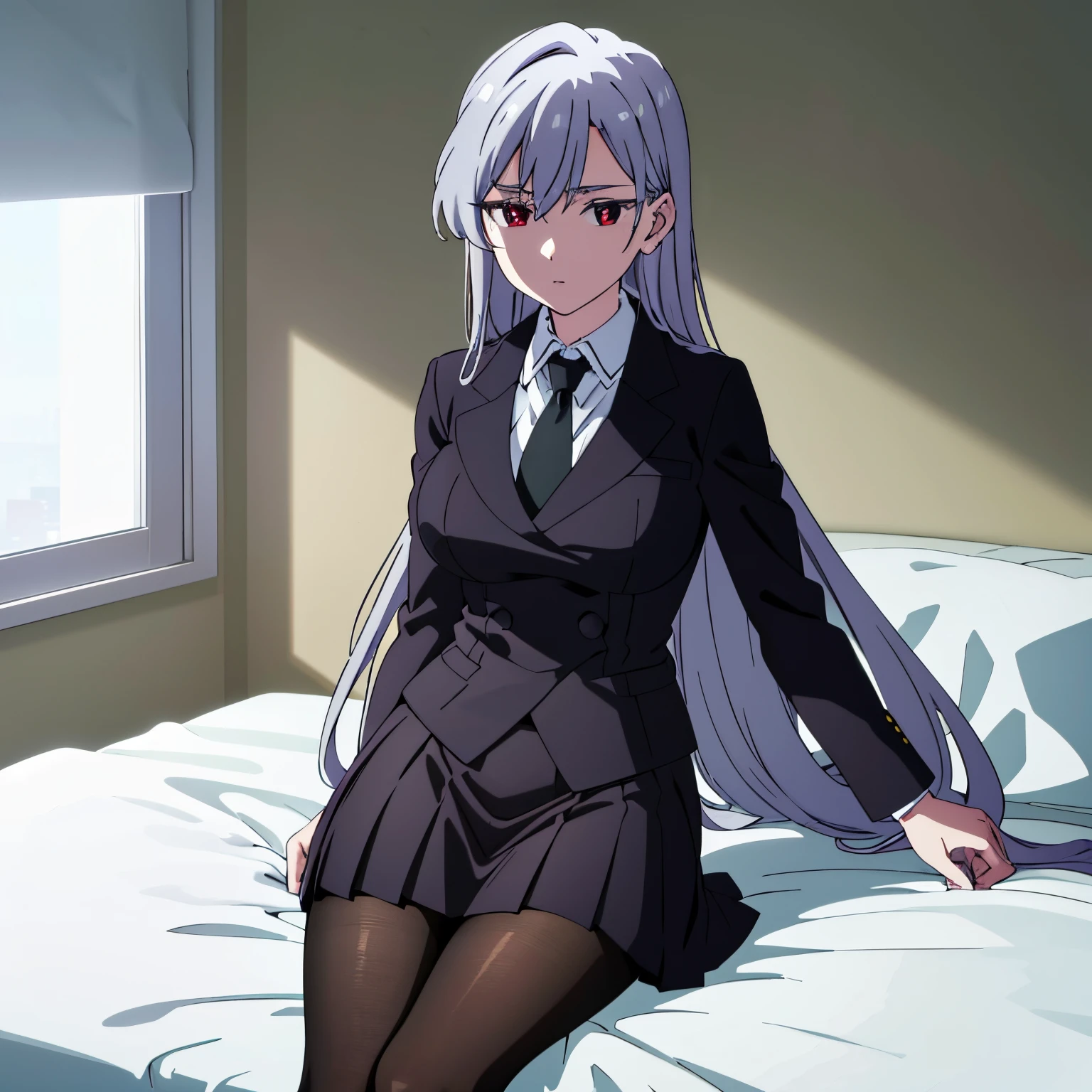 pov (from front), Hyakkano anime lineart, NanoEiai, 1 girl, alone, light gray hair, very long hair, red eyes, hair between eyes, big breasts, medium waist, medium hips, wide thighs long sleeves, school uniform, black jacket, pantyhose, black pantyhose, pleated skirt, black skirt, black pantyhose, green tie, white collared shirt, jacket, expressionless, sit, bedroom, bed sheet, interior, perfect setting, perfect lighting, the highest quality, masterpiece, best quality, highly detailed, high resolution, unity 8k wallpaper, (illustration), uncensored,