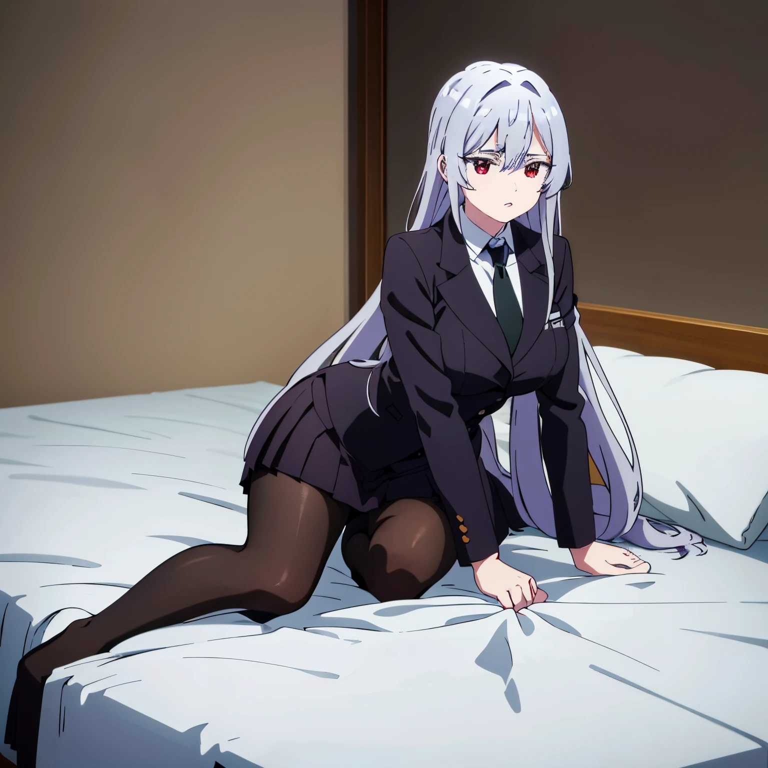 pov (from front), Hyakkano anime lineart, NanoEiai, 1 girl, alone, light gray hair, very long hair, red eyes, hair between eyes, big breasts, medium waist, medium hips, wide thighs long sleeves, school uniform, black jacket, pantyhose, black pantyhose, pleated skirt, black skirt, black pantyhose, green tie, white collared shirt, jacket, expressionless, sit, bedroom, bed sheet, interior, perfect setting, perfect lighting, the highest quality, masterpiece, best quality, highly detailed, high resolution, unity 8k wallpaper, (illustration), uncensored,