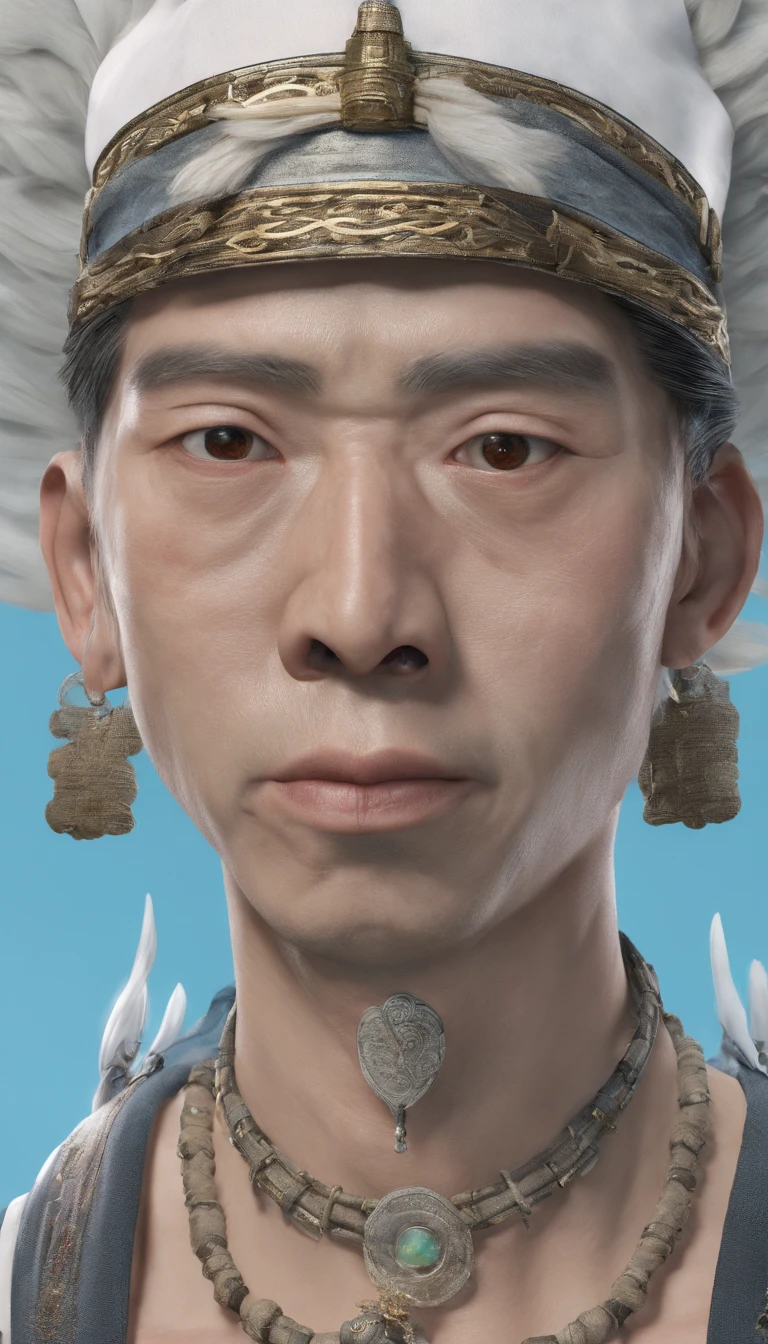 chinese paintings；ink portrait，Immortal front portrait，Audience visual inspection，Immortal Wind Road Bone，White haired man，eyes wide open，Spirited。Burlap。cyan blue background。hyper HD, retinas, tmasterpiece, Acura, Anatomically correct, Award-Awarded, high high quality, high detal, super detailing, ctextured skin, Best quality, A high resolution, 1080p, k hd, 4K, 8K, 16k。
