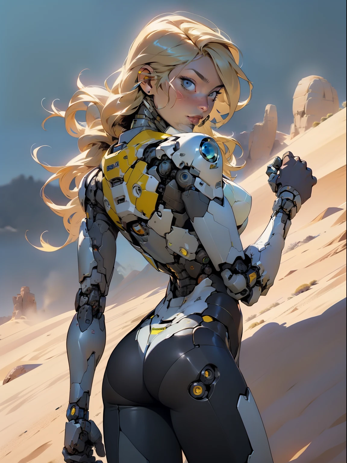 high quality, 4k, masterpiece, beautiful, cyborg girl, cowboy shot, dull eyes, back side, turning around to look at viewer, long blonde hair, girl, small breasts, fit thigh, robotic arms, robotic body, cyborg body, yellow accent, redaccent, intricate detail, joint, detailed lines, robotic detail, holding fist up, holding hand up as fist, color robotic parts, robotic parts with color, perfect fingers, on a desert planet, sunny background, colorful desert,