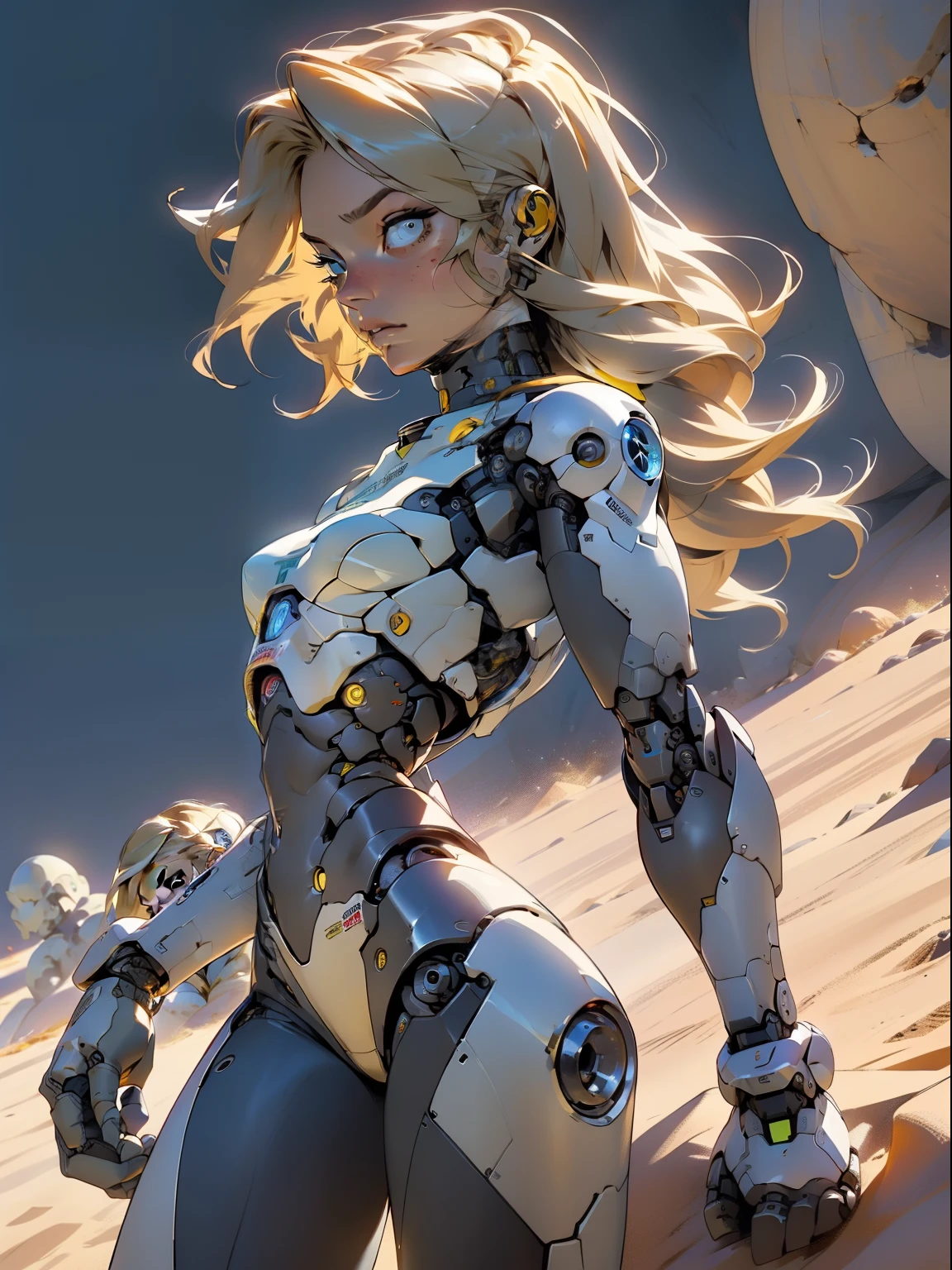 high quality, 4k, masterpiece, beautiful, cyborg girl, cowboy shot, dull eyes, back side, turning around to look at viewer, long blonde hair, girl, small breasts, fit thigh, robotic arms, robotic body, cyborg body, yellow accent, redaccent, intricate detail, joint, detailed lines, robotic detail, holding fist up, holding hand up as fist, color robotic parts, robotic parts with color, perfect fingers, on a desert planet, sunny background, colorful desert,