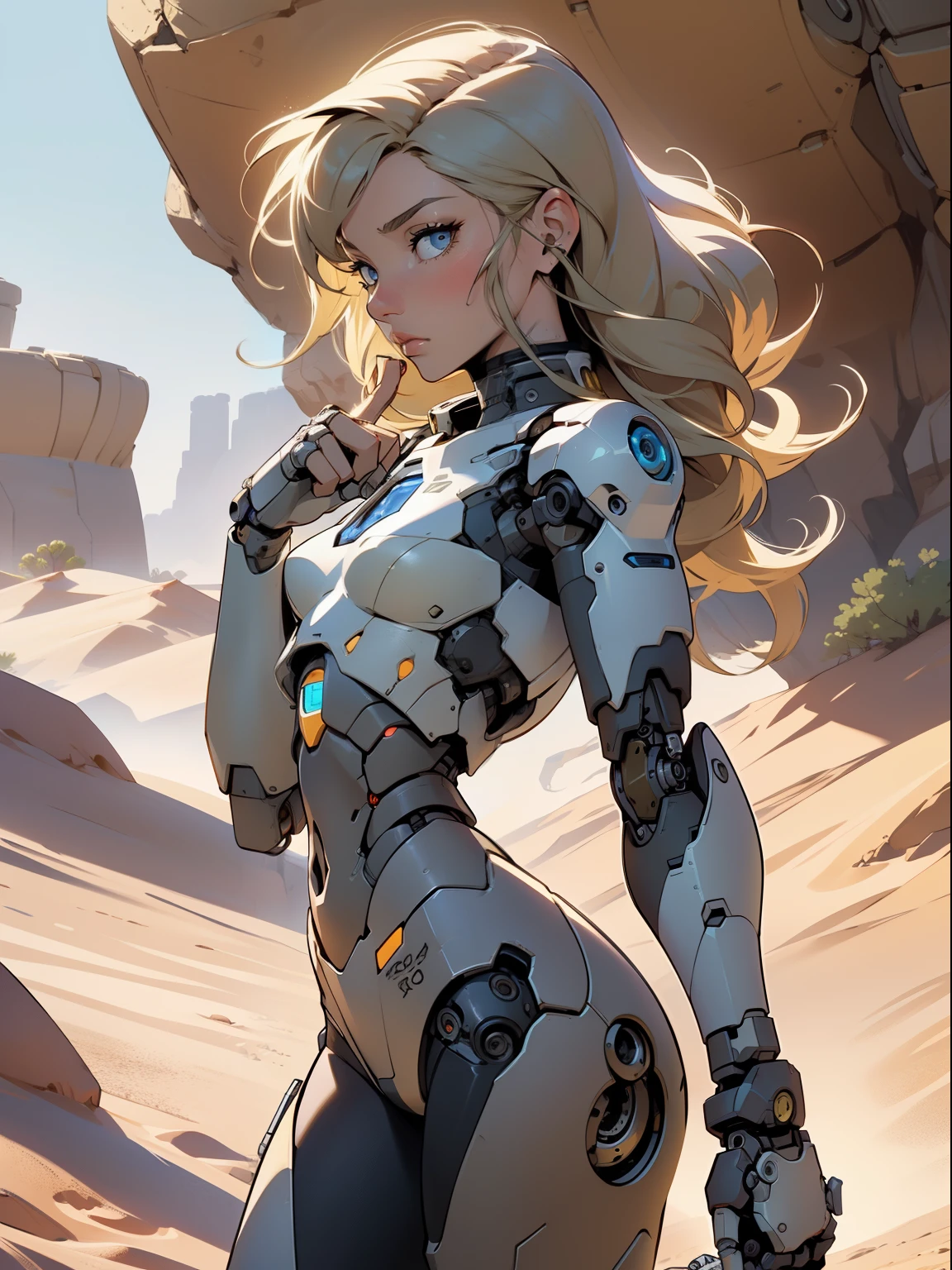high quality, 4k, masterpiece, beautiful, cyborg girl, cowboy shot, dull eyes, back side, turning around to look at viewer, long blonde hair, girl, small breasts, fit thigh, robotic arms, robotic body, cyborg body, yellow accent, redaccent, intricate detail, joint, detailed lines, robotic detail, holding fist up, holding hand up as fist, color robotic parts, robotic parts with color, perfect fingers, on a desert planet, sunny background, colorful desert,