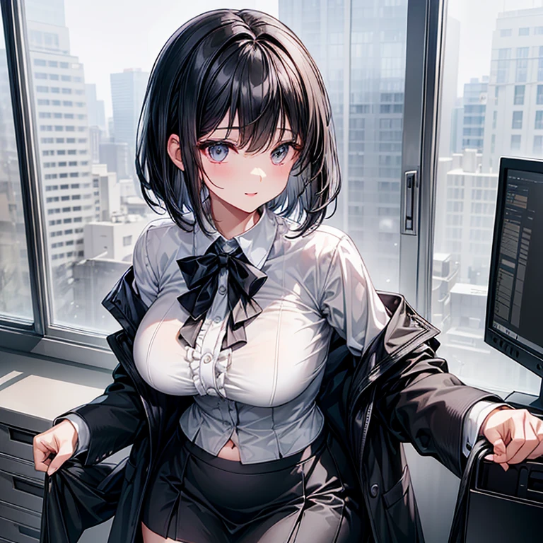 1girl, (office worker), navel up shot, (loosening the collar:1.4), (exposing her chest), (voluptuous lips), smiling full of confidence, intellectual and stern expression, natural cheek, super beautiful, perfect body, medium large breast, thin eyebrows, top quality,(glossy black hair, extra short hair, bobstyle, straight bang), wearing business attire, it consists white frilled dress shirt, dark gray suit jacket and dark gray knee length tight skirt, the frill on shirt is very delicate and compilaced pattern, at a large office with a lot of computer, sunny outside the window, 8k, ultra detailed, masterpiece,