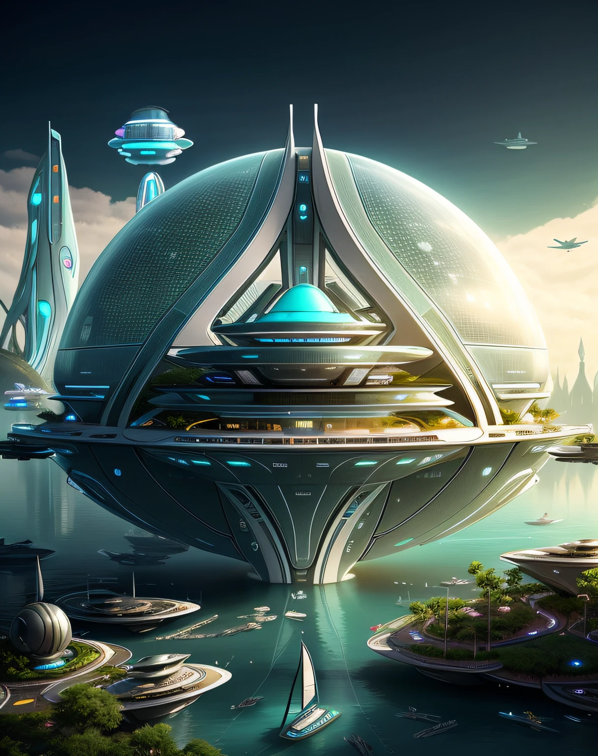 futuristic city with a floating building and a boat in the water, futuristic utopian fantasy, solarpunk futuristic utopia, futuristic utopian architecture, in fantasy sci - fi city, futuristic utopia, futuristic setting, solarpunk city, futuristic utopian city, utopian city, solarpunk architecture, beautiful city of the future, surreal sci fi architecture, futuristic architectural art, futuristic structures