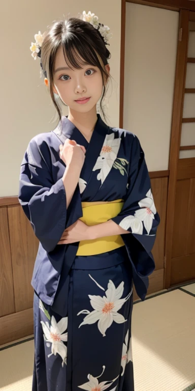 (masutepiece, Best Quality:1.4), Beautiful face, 8K, 85 mm, absurderes, ((FULL BODYSHOT:1.3))、((traditional Japanese room、With futon))、(Floral pattern yukata made of ultra-thin fabric:1.4), violaceaess, gardeniass, Delicate girl, Solo, layered haircut style、Night, Looking at Viewer, Upper body, Film grain, chromatic abberation, Sharp Focus, face lights, Professional Lighting, Sophisticated, (Smile:0.4), (Simple background, Bokeh background:1.2), Detail Face