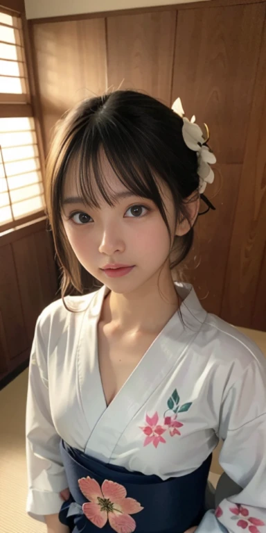 (masutepiece, Best Quality:1.4), Beautiful face, 8K, 85 mm, absurderes, ((FULL BODYSHOT:1.3))、((traditional Japanese room、With futon))、(Floral pattern yukata made of ultra-thin fabric:1.4), violaceaess, gardeniass, Delicate girl, Solo, layered haircut style、Night, Looking at Viewer, Upper body, Film grain, chromatic abberation, Sharp Focus, face lights, Professional Lighting, Sophisticated, (Smile:0.4), (Simple background, Bokeh background:1.2), Detail Face