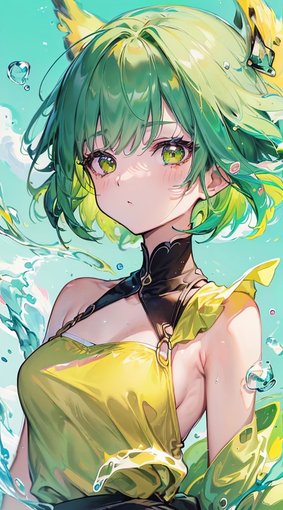 ((top-quality, 8K)), (Face Focus: 1.1), (Yellow and green: 1.3), Kawaii Girl, short-hair, Hair fluttering in the wind, Facing to the side, looking up at the face, (Sleeveless: 1.1)、Skirt, D Cup Breasts, Countless soap bubbles,