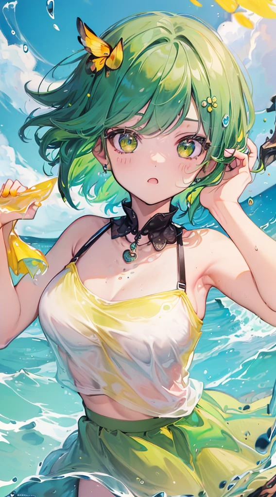 ((top-quality, 8K)), (Face Focus: 1.1), (Yellow and green: 1.3), Kawaii Girl, short-hair, Hair fluttering in the wind, Facing to the side, looking up at the face, (Sleeveless: 1.1)、Skirt, D Cup Breasts, Countless soap bubbles,