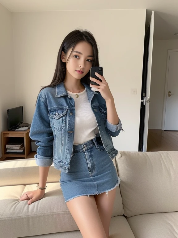 (best qualtiy, 8K, tmasterpiece:1.3), (foco nítido:1.2),one girls, (Beautiful Women in Perfect Figure:1.4), (Slim abs:1.1), (Denim jacket:1.4),(denim hip skirt:1.2),inside in room,sofas,rays of sunshine,Ultra-fine face,Fine eyes,二重まぶた,Slim legs