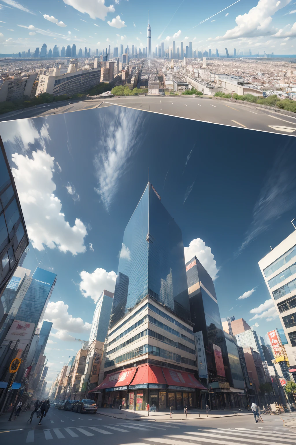 (tmasterpiece、4K分辨率、Surreal、The content is very detailed)、streetview、Bustling business district、During the day、Dinamic Light)、 wide lens shot, which goes near the ground、From the bottom up、Look up、only city view、with blue sky and white clouds