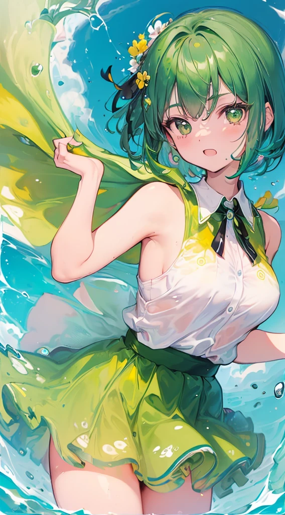 relatively cool background，Short curly turquoise hair，Sweet and cute ，She has bright green and modest clothing.
