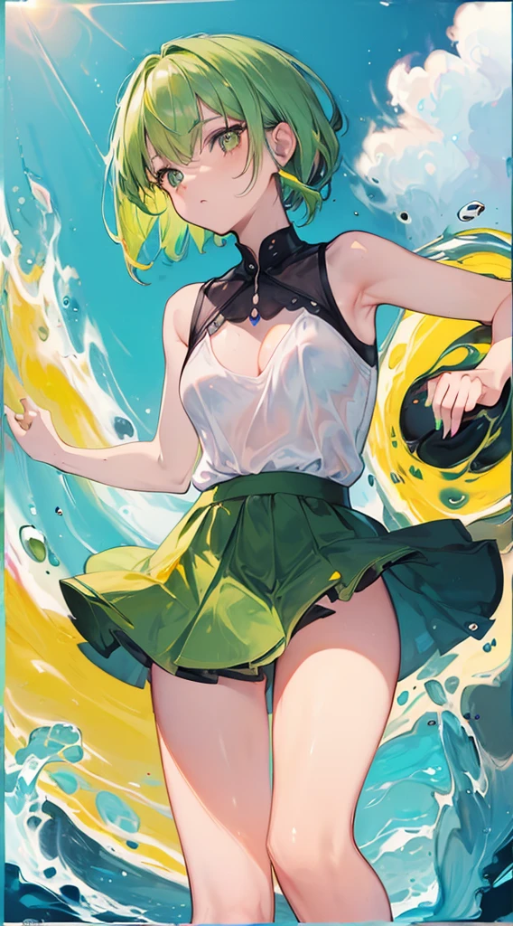 ((top-quality, 8K)), (Face Focus: 1.1), (Yellow and green: 1.3), Kawaii Girl, short-hair, Hair fluttering in the wind, Facing to the side, Look up at your face, (Sleeveless: 1.1)、Skirt, D Cup Breasts, Countless soap bubbles,