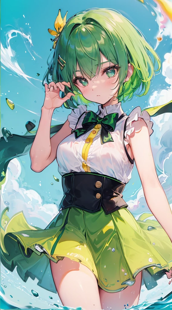 ((top-quality, 8K)), (Face Focus: 1.1), (Yellow and green: 1.3), Kawaii Girl, short-hair, Hair fluttering in the wind, Facing to the side, Look up at your face, (Sleeveless: 1.1)、Skirt, D Cup Breasts, Countless soap bubbles,