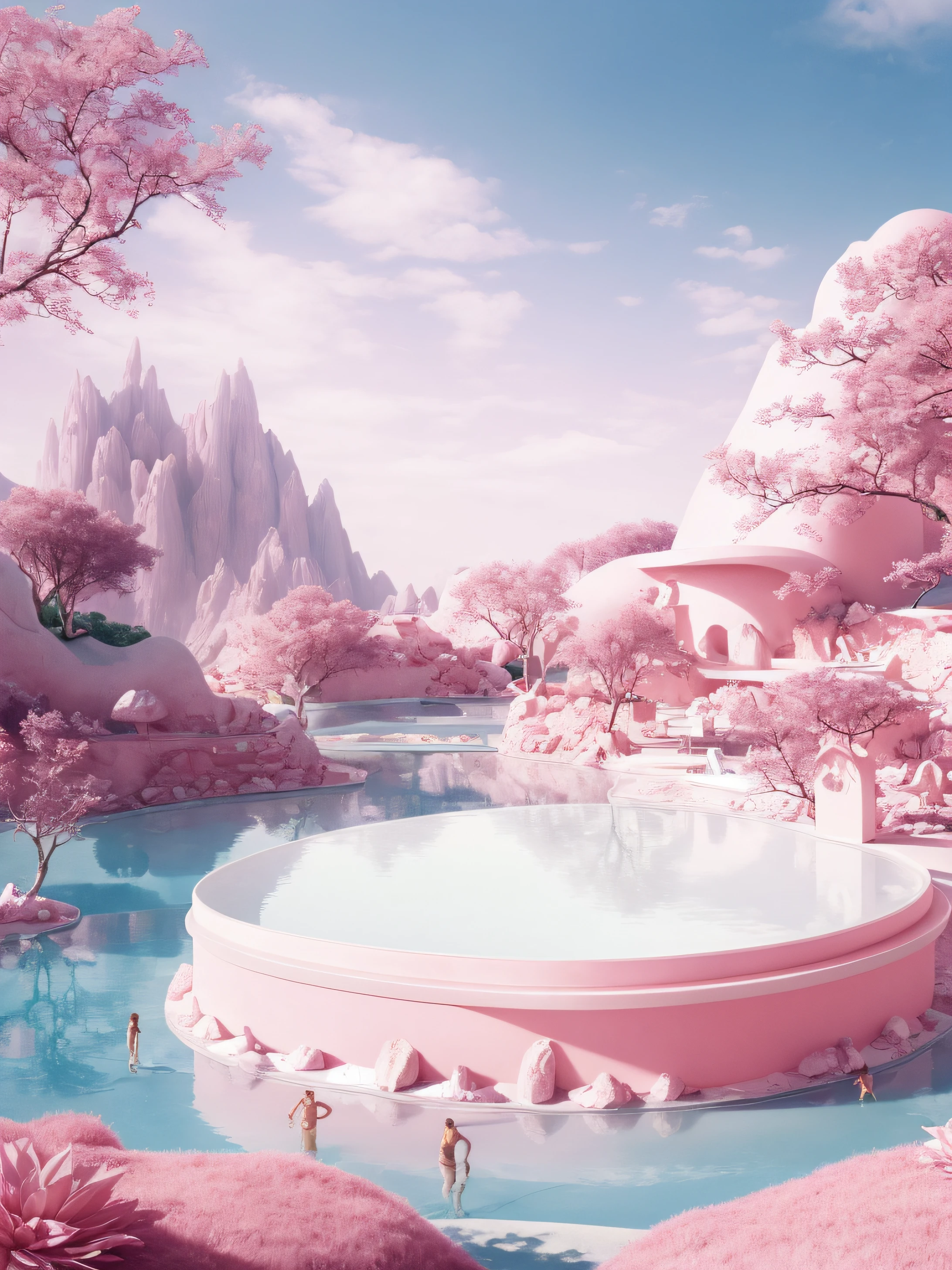 There is a pink landscape,There is a swimming pool and a mountain, a surreal dream landscape, Surreal dreamy landscape, In a surreal dreamscape, pink landscape, dreamy scenes, Get lost in a dreamy fairytale landscape, lie on white clouds fairyland, epic dreamlike fantasy landscape, Fantastic atmosphere and drama, fantasy scenery, beautiful render of a fairytale, surreal dreamscape