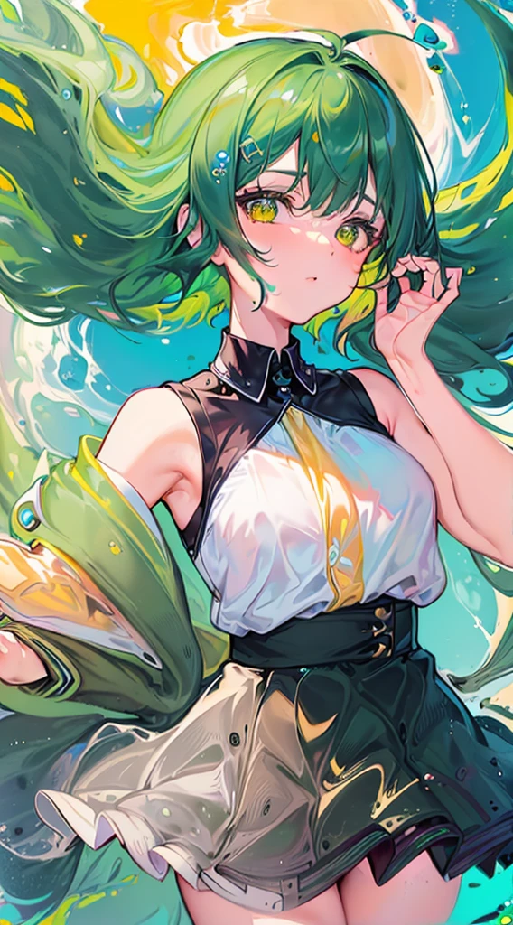 ((top-quality, 8K)), (Face Focus: 1.1), (Yellow and green: 1.3), Kawaii Girl, short-hair, Hair fluttering in the wind, Facing to the side, Look up at your face, (Sleeveless: 1.1)、Skirt, D Cup Breasts, Countless soap bubbles,