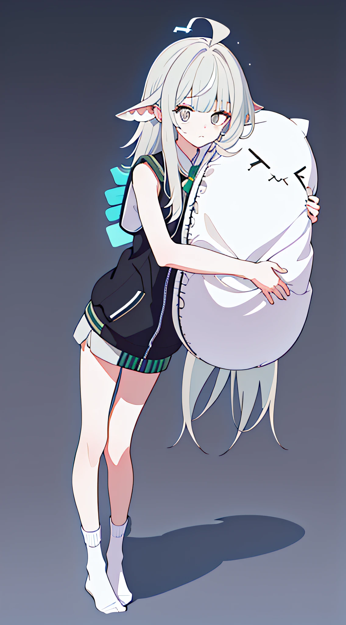 ((hugging pillow \(middling\))), ((Show on the_Beds)), (full_body:1.5), direct, simple_Background with, The white_Background with, pillow head, 1个Giant Breast Girl, Alone, small, long_the hair, Green_The eye, Green_The eye, (pupils in symbol shapes), The white_pupils, (Black_jaket:1.3), (Sleeveless_jaket:1.3), ((ahoge)), The white_sockes, (loose_sockes), ((long_the sleeve)), (The white_The shirt), the hair_decorations, Gray_shorter pants, Bare bare_upper legs, ((tmasterpiece)), (A high resolution), (The best_quality), (highly_Detailed pubic hair), (Original),(Exquisite background),rays of sunshine, (Tyndall_influencer), (Extremely detailed 8K wallpaper),电影灯光, Volumetriclighting, Light particles, shadowing_the face, The beautiful_Detailed pubic hair_The eye, Depth-of-fie_'s_venue, opinion,((hor ears_down)), The No_footwear,