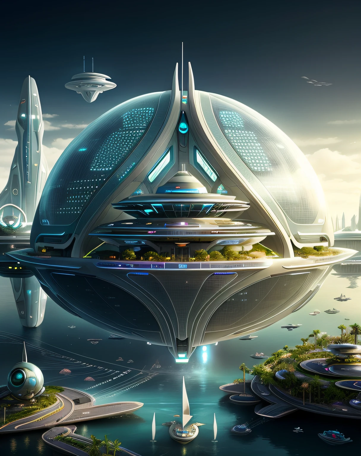 futuristic city with a floating building and a boat in the water, futuristic utopian fantasy, solarpunk futuristic utopia, futuristic utopian architecture, in fantasy sci - fi city, futuristic utopia, futuristic setting, solarpunk city, futuristic utopian city, utopian city, solarpunk architecture, beautiful city of the future, surreal sci fi architecture, futuristic architectural art, futuristic structures