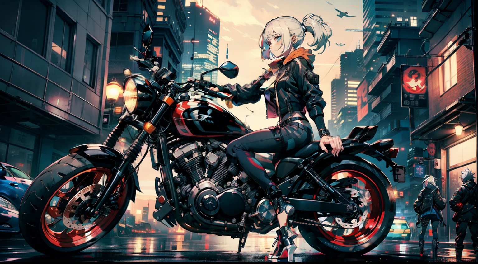 cyberpunked、girl with、mechanic、comical、Anime style、white hair、motor bikes、Rider Jacket、punk coloring、sity、nightcity、A woman whose body is partially mechanical、group
