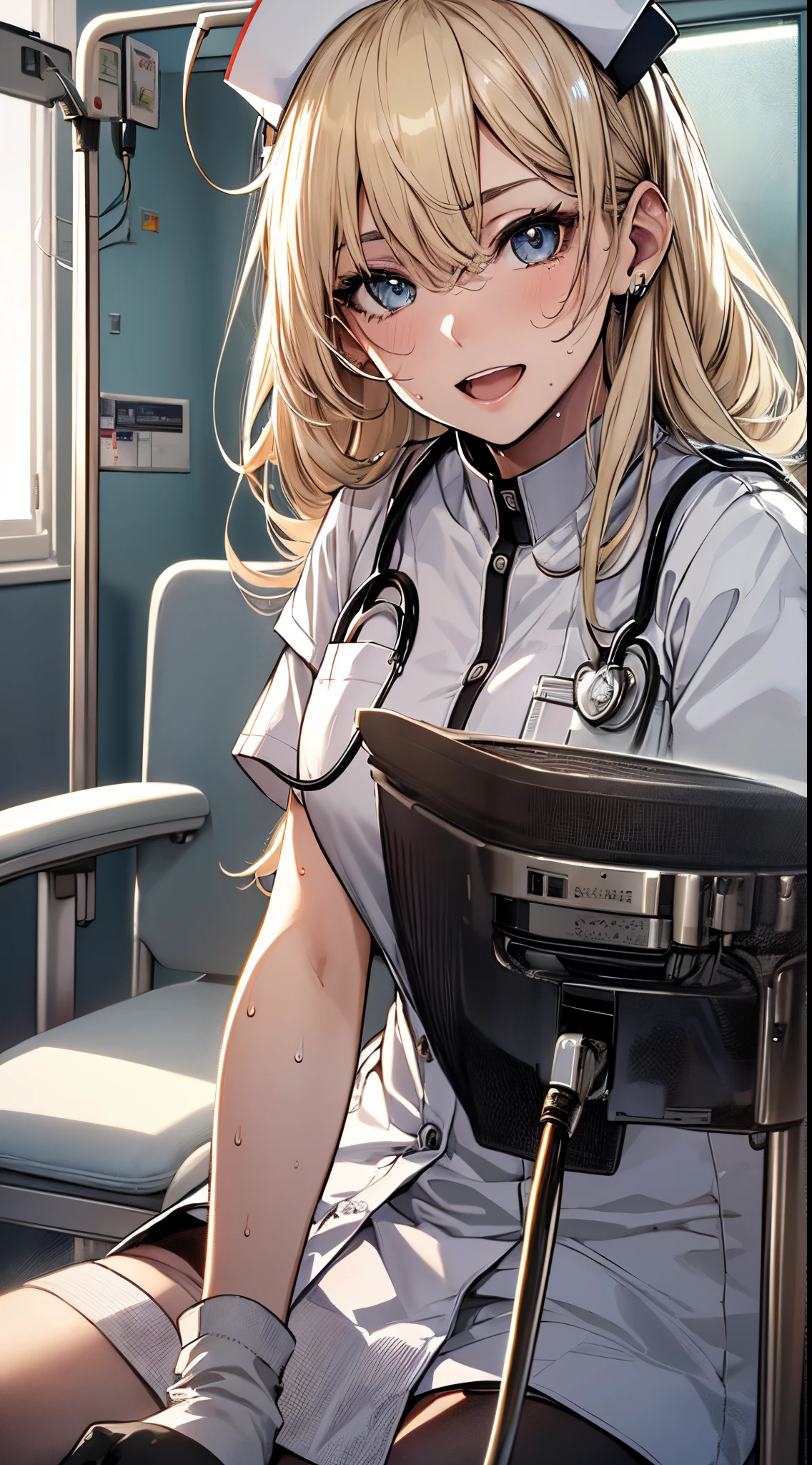 1girl, solo, long hair, blonde hair, from below, smile, masterpiece, best quality, lab coat, mixing chemicals in a lab, masterpiece, best quality, hand, pouring a liquid into a glass vase in laboratorium, night