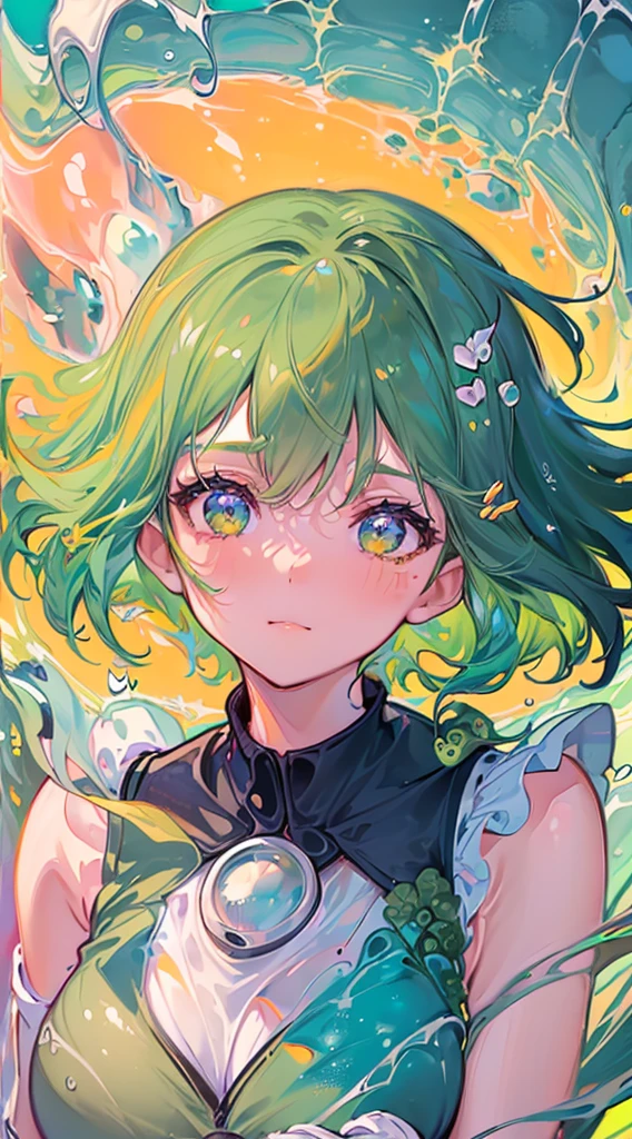 ((top-quality, 8K)), (Face Focus: 1.1), (Yellow and green: 1.3), Kawaii Girl, short-hair, Hair fluttering in the wind, Facing to the side, Look up at your face, (Sleeveless: 1.1)、Skirt, D Cup Breasts, Countless soap bubbles,