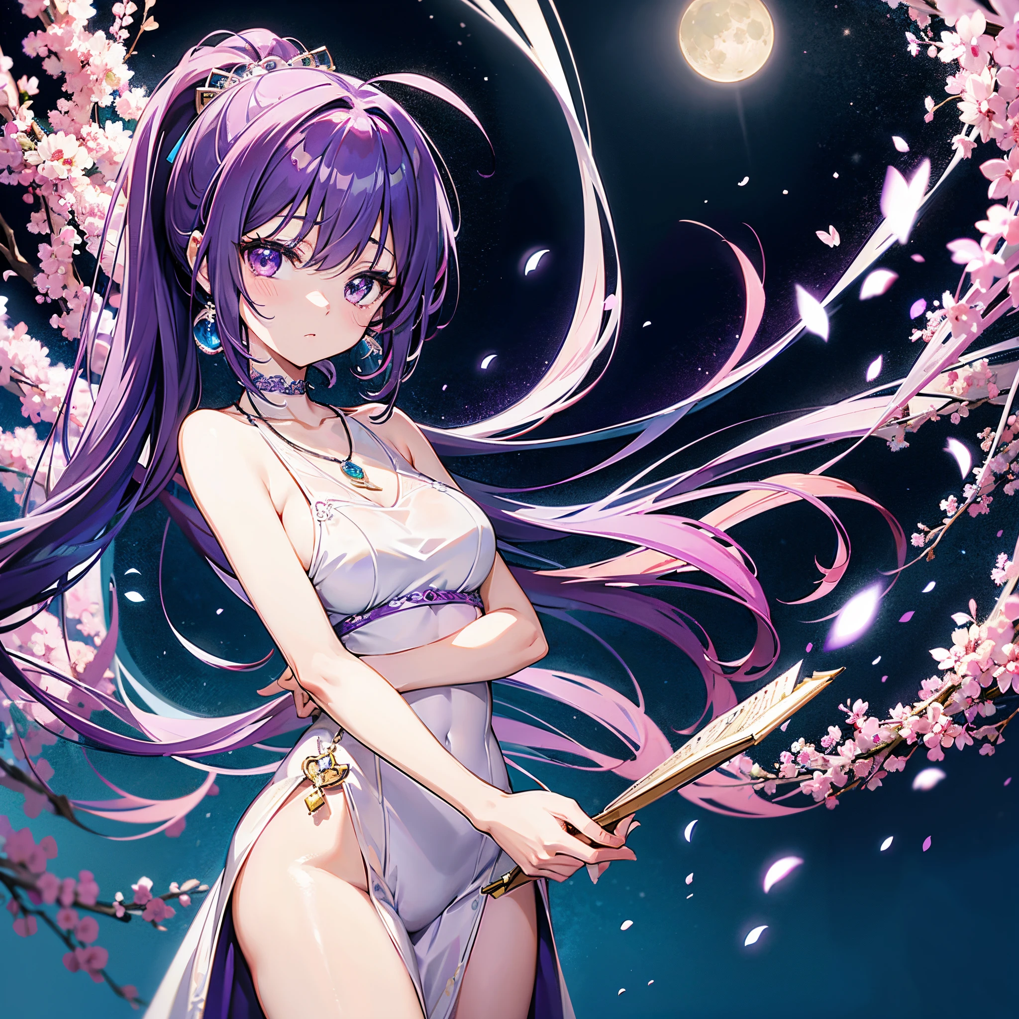 MKMKS Style、1 persons、Mafuyu Asahina、gem、top-quality、8K de、Purple hair、Purple Eye、Amethyst eyes、hair pin、Long、poneyTail、a necklace、Pure White Wedding Dresses、double tooth、takeout、shooting stars、a moon、A seductive anime girl, Anime style 4K, Best Anime 4K Deconachan Wallpaper,anime moe art style, Character Art Wallpaper 8K