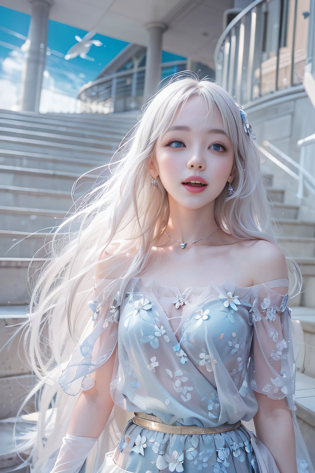 1girl in, Long hair, Straight hair, Sparkling eyes, PUPILS SPARKLING, longeyelashes, makeup, Smile, Modern, depth of fields, One-person viewpoint, POV, close-up, Wide Shot, From below, wide angles, F/1.8, 135 mm, canon, nffsw, retinas, ((A girl standing in front of the theater stairs))、 (Golden white hair)((A girl standing in front of the theater stairs))、((posterior view))、((Looks Back)),(portlate、bright expression、Young shiny shiny white shiny skin、Best Looks、ultimate beauty girl、The most beautiful platinum blonde hair in the world、shiny light hair,、Super long silky straight hair、Beautiful bangs that shine、Glowing crystal clear attractive blue eyes、Very beautiful nice cute girl、Lush bust、、 Silver hair, Bangs, Blunt bangs, Long straight hair, aqua eyes, longeyelashes, Solid Circle Eyes, makeup, Open mouth, blush, Parted lips, Bright pupils, smiley, Seductive smile, glint, surrealism, Modern、Black pantyhose、high-heels、mix4、((Floral dress、、off shoulders、a miniskirt: 1.6))、Skyscrapers are hazy in the windows、((Skirt flutters in the wind、soar:1.4)),((Raise the hem of the skirt with your hands)),(White lace panties are visible)