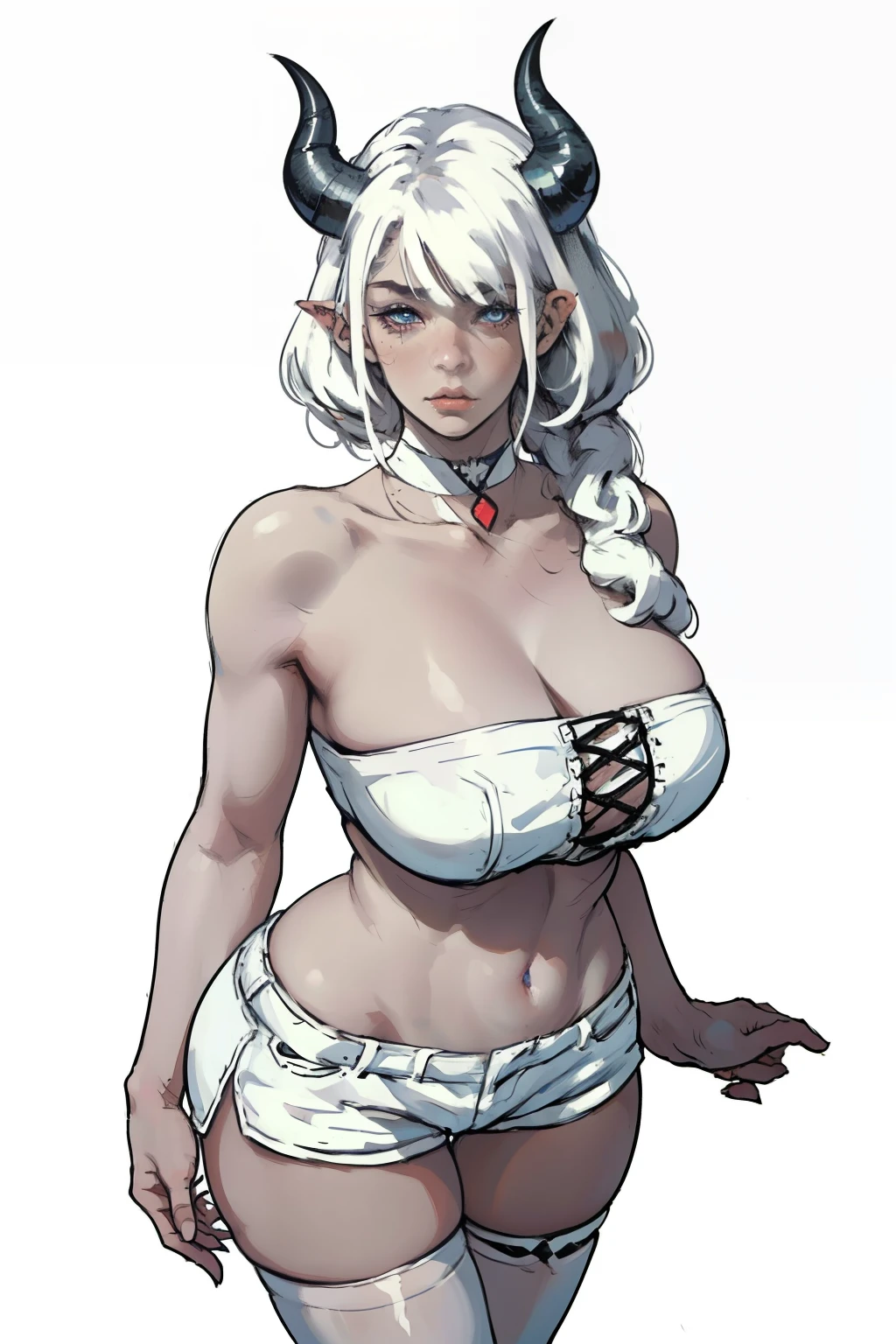 1girl, solo, standing, upper body,
white hair, long hair, curly hair, messy hair, (blunt bangs:1.2), horns, sheep horns, white horns,
blue eyes, looking at viewer,
choker, white shirt, white shorts, short shorts, white thighhighs, (skindentation:1.2),
curvy, large breasts, covered ,
(white background, simple background:1.4), wlsdnjs950, (thick lines:1.2),