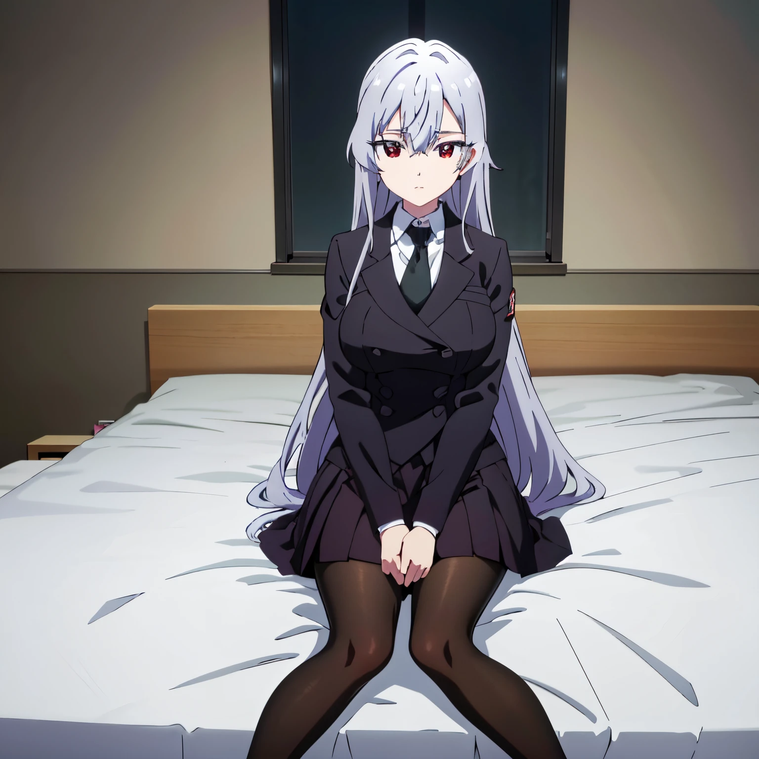 pov (from front), Hyakkano anime lineart, NanoEiai, 1 girl, alone, light gray hair, very long hair, red eyes, hair between eyes, big breasts, medium waist, medium hips, wide thighs long sleeves, school uniform, black jacket, pantyhose, black pantyhose, pleated skirt, black skirt, black pantyhose, green tie, white collared shirt, jacket, expressionless, sit, bedroom, bed sheet, interior, perfect setting, perfect lighting, the highest quality, masterpiece, best quality, highly detailed, high resolution, unity 8k wallpaper, (illustration), uncensored,