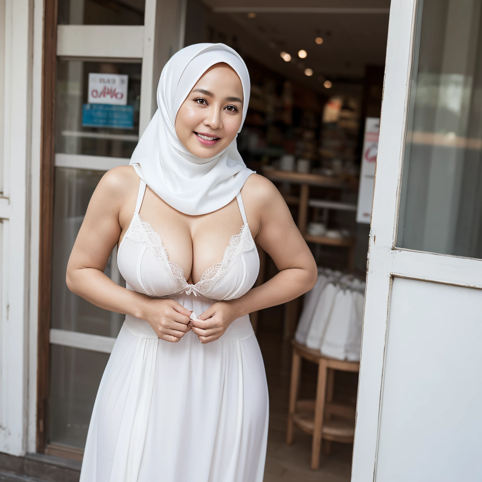 58-Years-Old,Female Store owner, Hijab Beautiful Indonesian Mature Woman, Wearing Tight Gamis, wearing bra, white Skin Like Porcelain, Realistic Ultra Gigantic Breast : 21.9,realistic wrinkels body, realistic Curvy body, PP cup Breast, Seducting Look, Lustful smiling, standing in front Of Store's