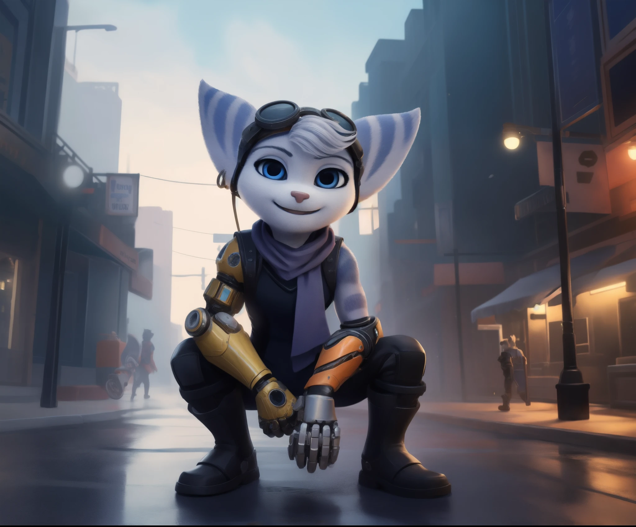 solo, rivet, female, blue eye, right arm his a yellow mechanical arm, cute smile, seated, street, perfect face, high quality, sun lights, full body, 4k, realistic shadows, hyper detailed