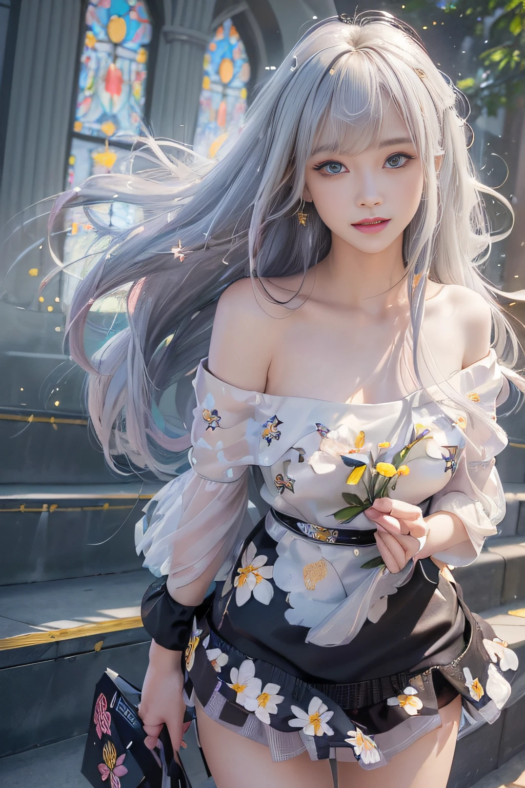 1girl in, Long hair, Straight hair, Sparkling eyes, PUPILS SPARKLING, longeyelashes, makeup, Smile, Modern, depth of fields, One-person viewpoint, POV, close-up, Wide Shot, From below, wide angles, F/1.8, 135 mm, canon, nffsw, retinas, ((A girl standing in front of the theater stairs))、 (Golden white hair)((A girl standing in front of the theater stairs))、((posterior view))、((Looks Back)),(portlate、bright expression、Young shiny shiny white shiny skin、Best Looks、ultimate beauty girl、The most beautiful platinum blonde hair in the world、shiny light hair,、Super long silky straight hair、Beautiful bangs that shine、Glowing crystal clear attractive blue eyes、Very beautiful nice cute girl、Lush bust、、 Silver hair, Bangs, Blunt bangs, Long straight hair, aqua eyes, longeyelashes, Solid Circle Eyes, makeup, Open mouth, blush, Parted lips, Bright pupils, smiley, Seductive smile, glint, surrealism, Modern、Black pantyhose、high-heels、mix4、((Floral dress、、off shoulders、a miniskirt: 1.6))、Skyscrapers are hazy in the windows、((Skirt flutters in the wind、soar:1.4)),((Raise the hem of the skirt with your hands)),(White lace panties are visible)