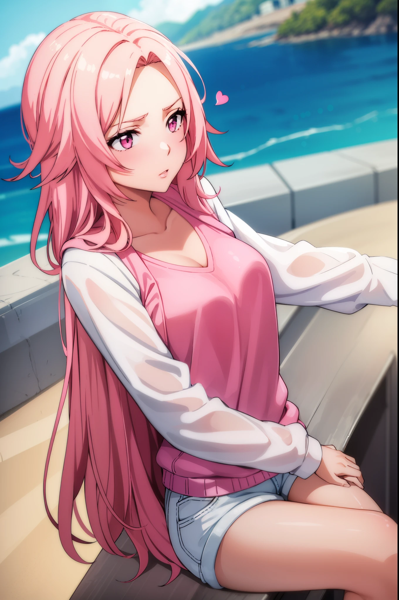 Cute girl, with sexy reddish-white skin,She is wearing a pink pullover, She wears short white, On an island, Women's white shorts, sexy body,+18,Girl sending a kiss, heart, fire