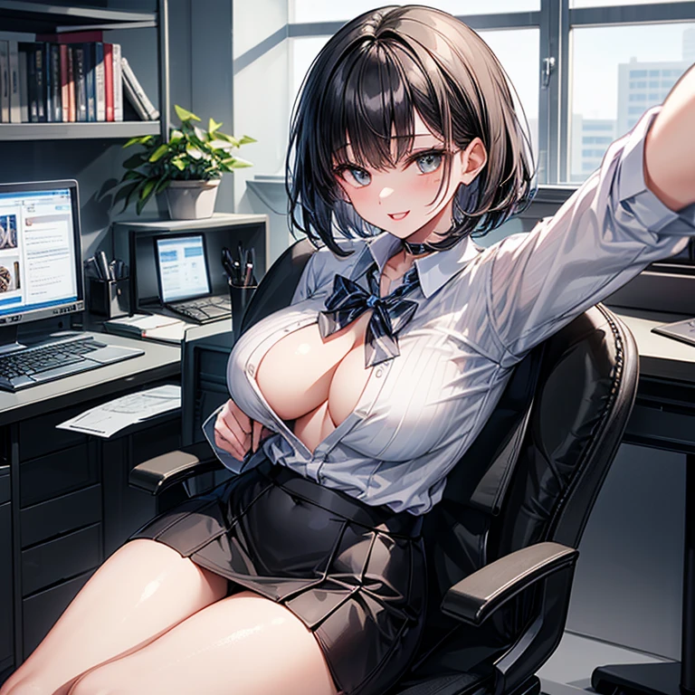 1girl, (office worker), navel up shot,(selfie),  (loosening the collar, wide open :1.4), (exposing her ), (laying her  ), (voluptuous lips), smiling full of delight, smiling full of compassion , kissing face, incoming kiss, half opened mouth, heart shaped pupils, blushed cheek, super beautiful, perfect body, medium large , thin eyebrows, top quality,(glossy black hair, extra short hair, bobstyle, straight bang), wearing business attire, it consists white frilled dress shirt, dark gray suit jacket and dark gray knee length tight skirt, the frill on shirt is very delicate and compilaced pattern, at a large office with a lot of computer, sunny outside the window, 8k, ultra detailed, masterpiece,