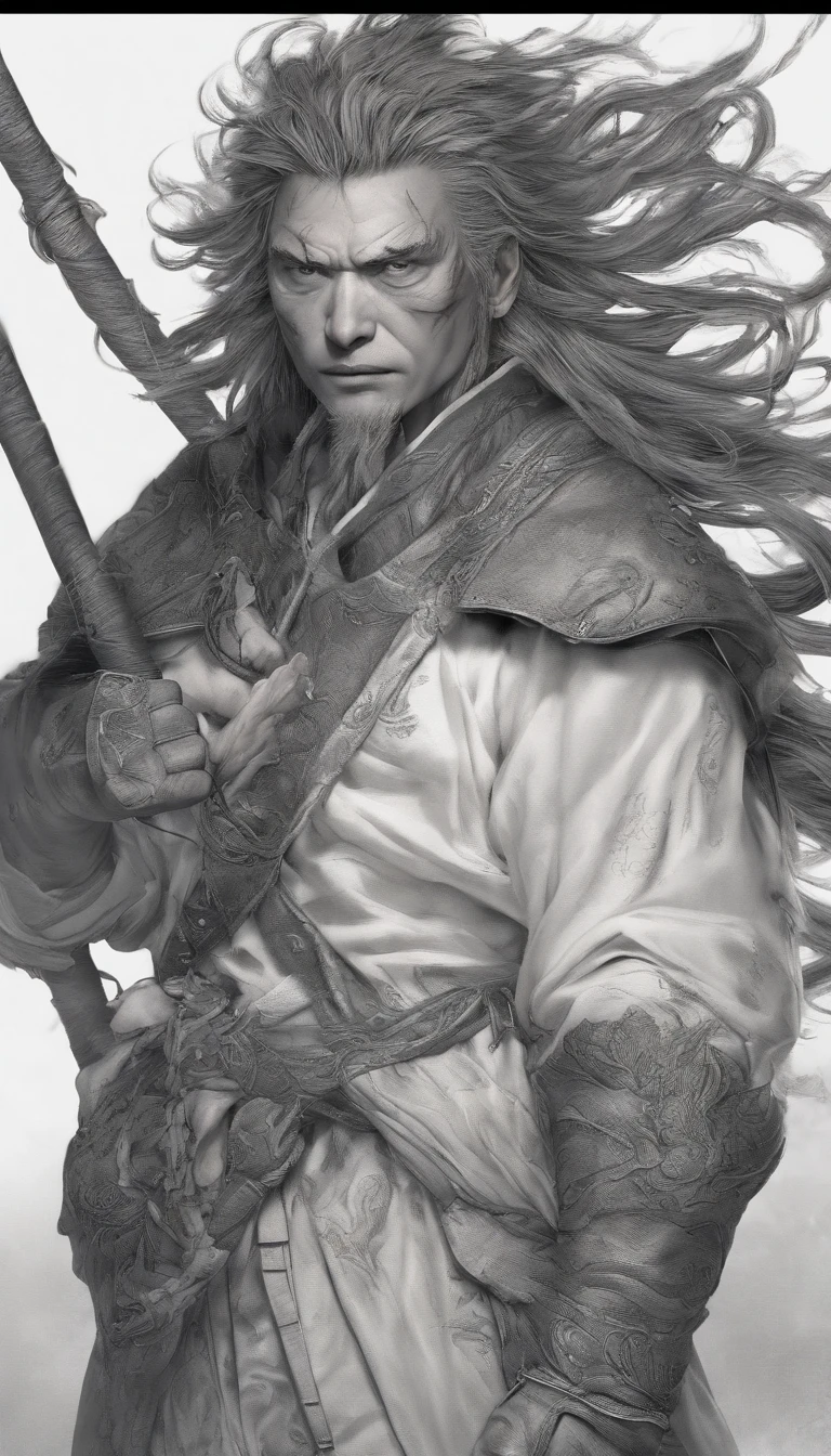 chinese style；ink portrait，front view of god，Audience visual inspection，Immortal Wind Road Bone，White haired man，Eyes wide，Be kind，energetic。solid color backdrop。hyper HD, retinas, tmasterpiece, Acura, Anatomically correct, Award-Awarded, high high quality, high detal, super detailing, ctextured skin, Best quality at best, A high resolution, 1080p, k hd, 4K, 8K, 16k。