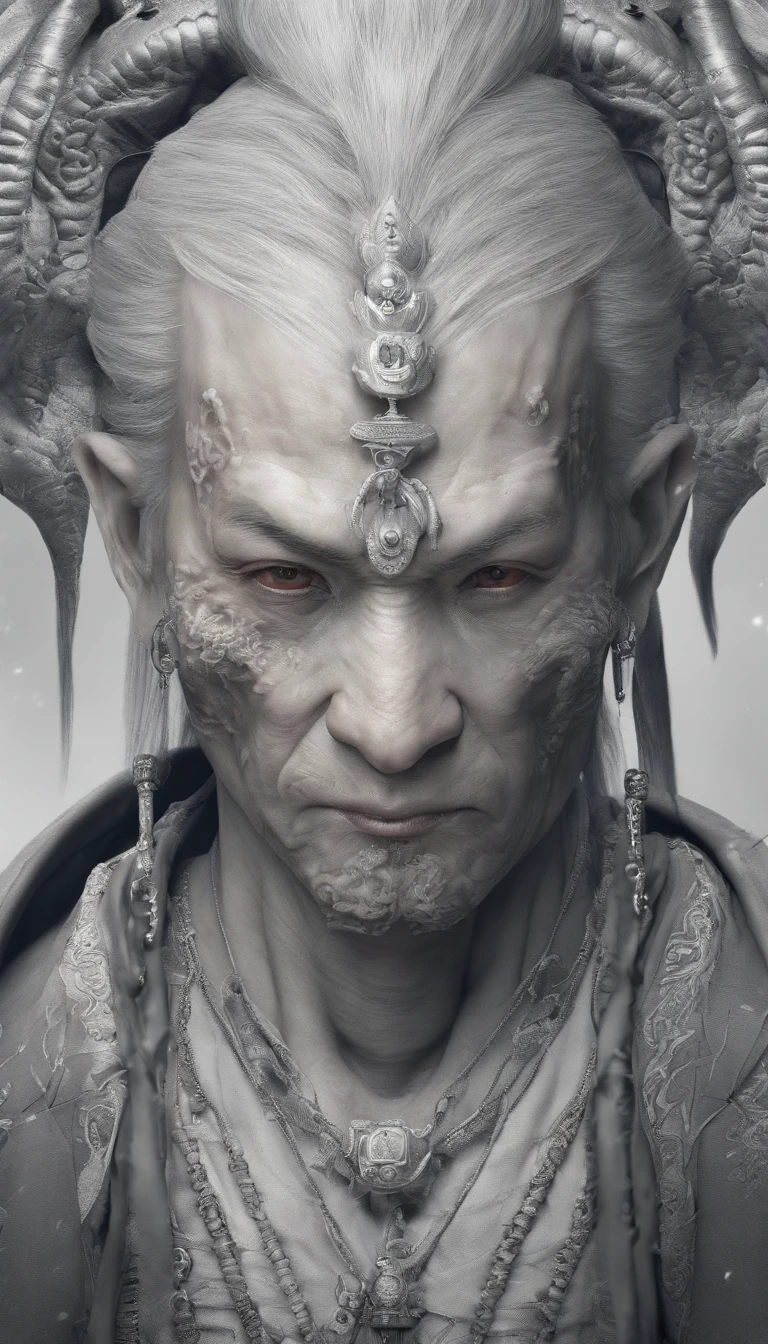 chinese style;ink portrait,front view of god,Audience visual inspection,Immortal Wind Road Bone,White haired man,Eyes wide,Be kind,energetic。solid color backdrop。hyper HD, retinas, tmasterpiece, Acura, Anatomically correct, Award-Awarded, high high quality, high detal, super detailing, ctextured skin, Best quality at best, A high resolution, 1080p, k hd, 4K, 8K, 16k。