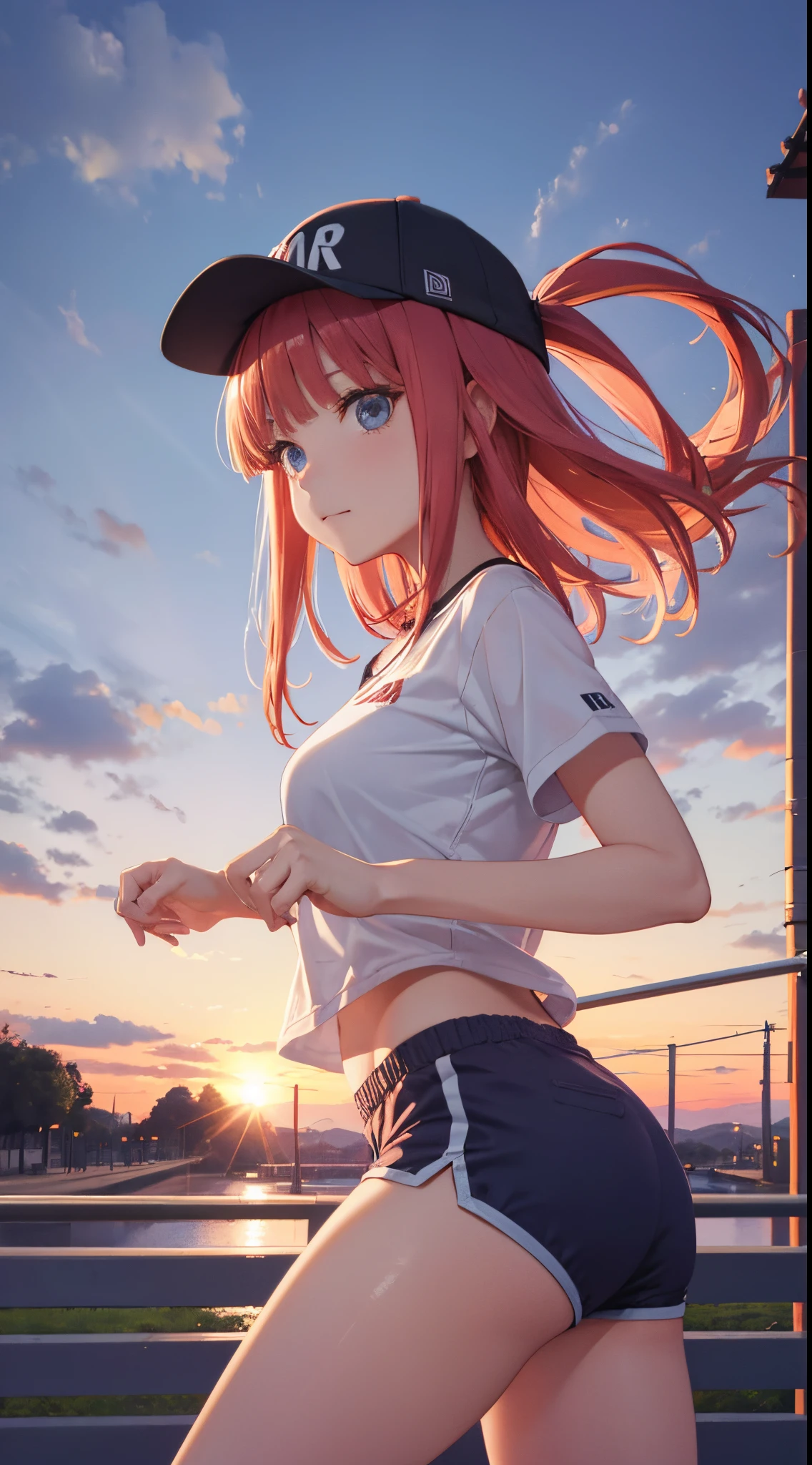 Nino Nakano ,manos detalladas,dedos detallados,pose sexy,ropa deportiva con gorra,parque atardecer