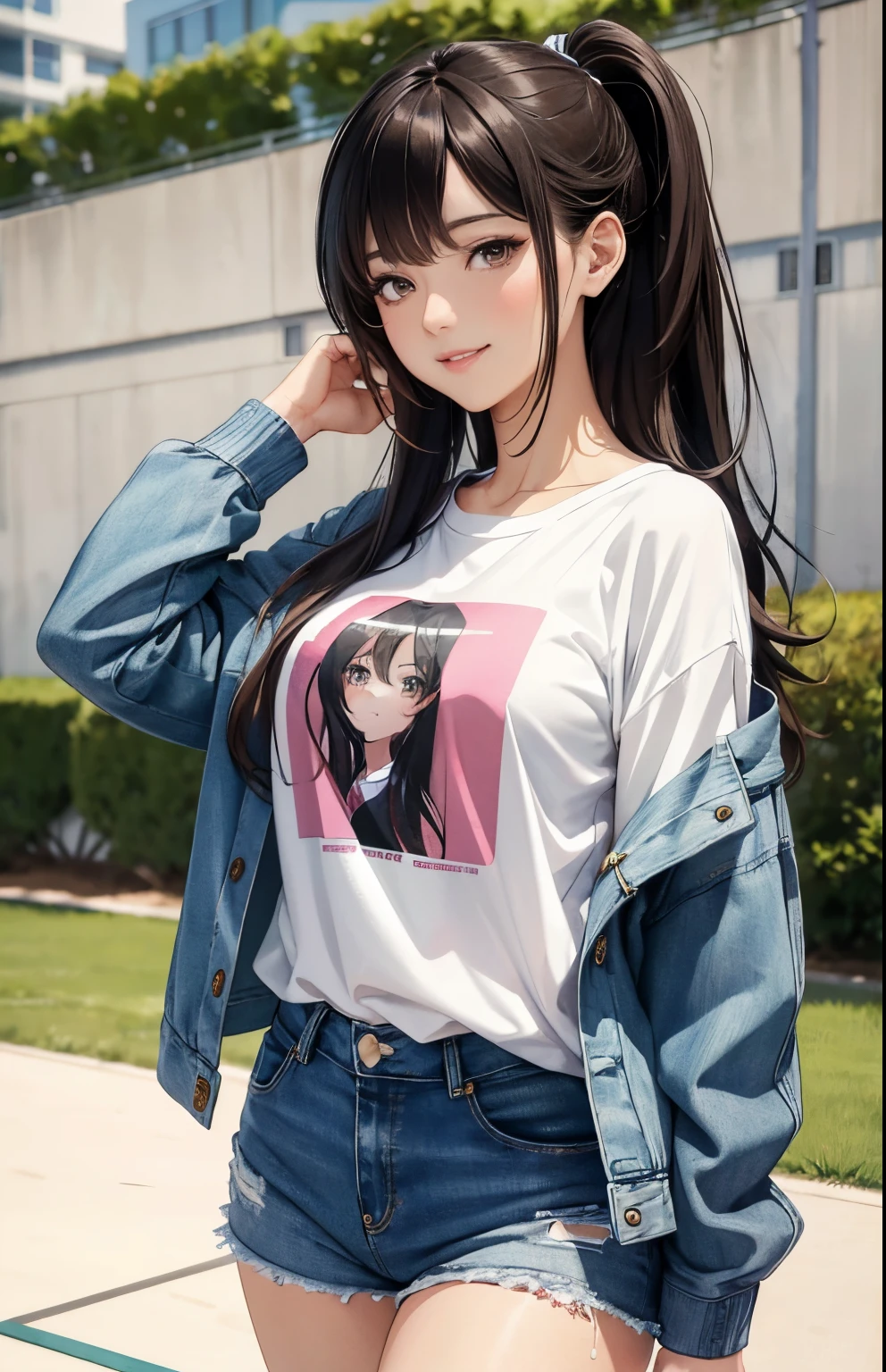masterpiece、top-quality、hight resolution, outdoor, (basketball court outdoor), High-quality images、8K, 1 woman、skin gloss、Texture of skin and clothing、Detailed eye expression、Lustrous hair,girl with long hair, Manga inspired by Lee Jong-suk, trending on deviantart, Realism, detailed manga style, manga art style, perfect lineart, beautiful line art, digital manga art girl, kpop idol, detailed brown eyes, plump lips, detailed gorgeous face, (cute smile), seductive, innocent, sideview, (perfectly detailed face), (well detailed hand) photorealistic image, depth of field, japanese hime cut hairstyle, ((cute tee shirt, jacket, denim shorts)), narrow waist, ponytail