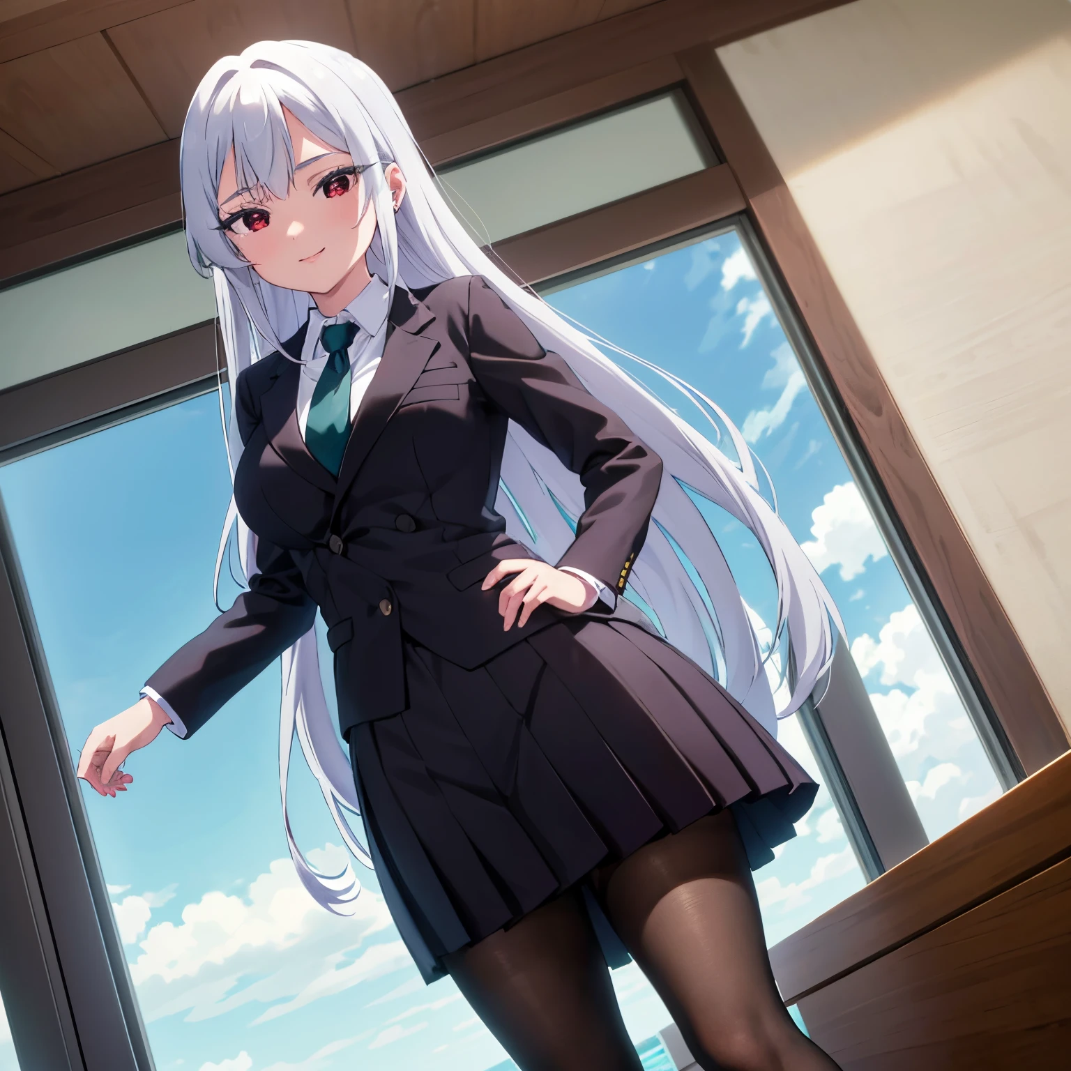 1girl, alone, nano Eiai, red eyes, white hair, long hair, green tie, black jacket, black miniskirt, pleated skirt, collared shirt, long sleeves, white shirt, school, pantyhose, embarrassed, makeup, smiling, seductive, black pantyhose, large breasts, medium waist, medium hips, wide thighs, school, indoor, standing, walking, wind, levitated hair, 1 girl, (masterpiece), (high resolution), (8K), (extremely detailed ), (4k), (pixiv), perfect face, pretty eyes and face, (best quality), (super detailed), detailed face and eyes, (only), textured skin, absurdities, high resolution