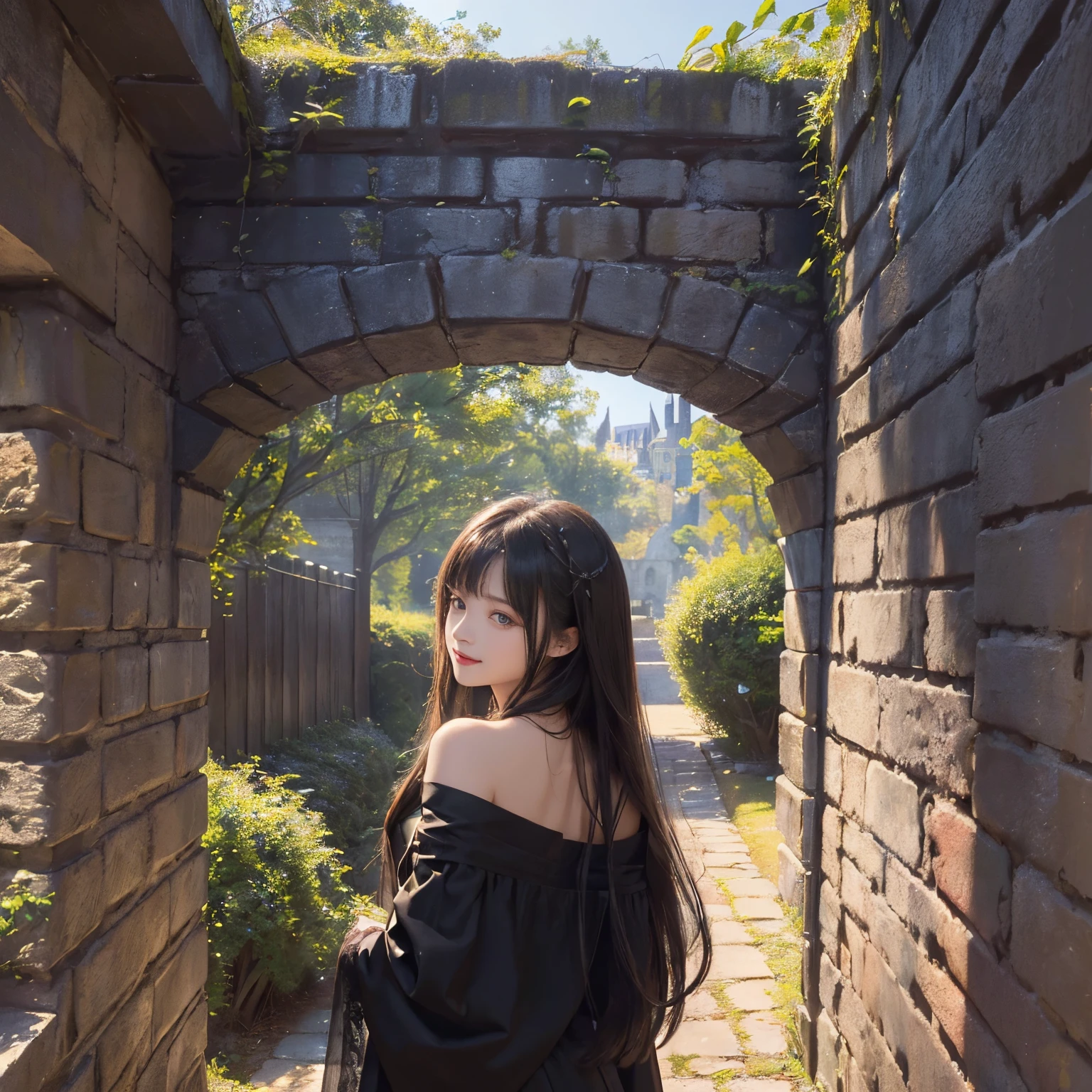 (A hyper-realistic)、(illustratio)、(hight resolution)、(8K)、(ighly detailed)、(Best Illustration)、(beautifully detailed eyes)、(top-quality)、(ultra-detailliert)、(masterpiece)、(wall-paper)、(A detailed face)、独奏、1 girl in、looking at viewert、fine detailed、A detailed face、in the darkness nigth、deep-shadows、lowkey、pureerosfaceace_v1、A smile、long、Black shawl straight hair、46-point diagonal bangs, (silk dresses、long skirt)(off shoulders)View of the castle、、Stand against the wall