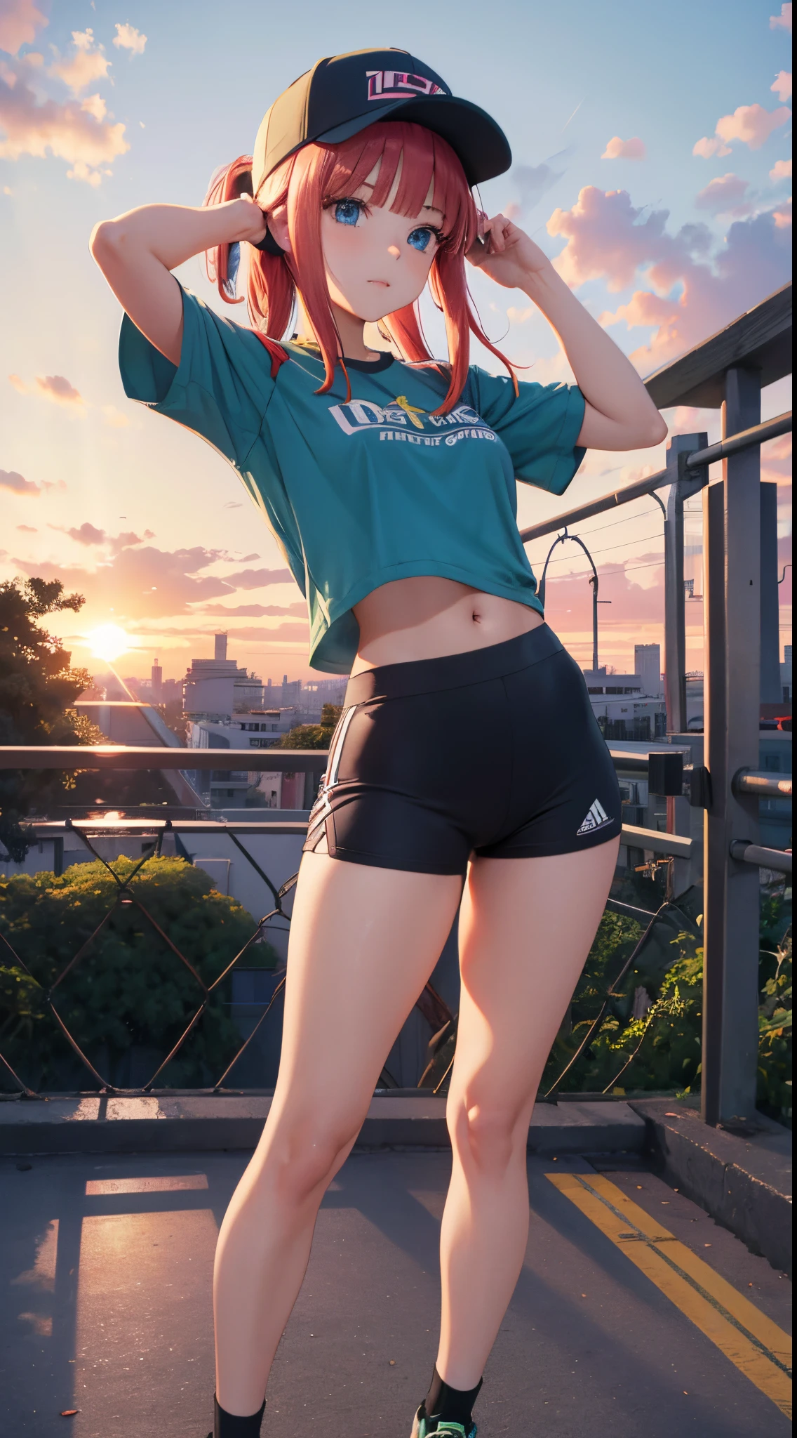 Nino Nakano ,manos detalladas,dedos detallados,pose sexy,ropa deportiva con gorra,parque atardecer