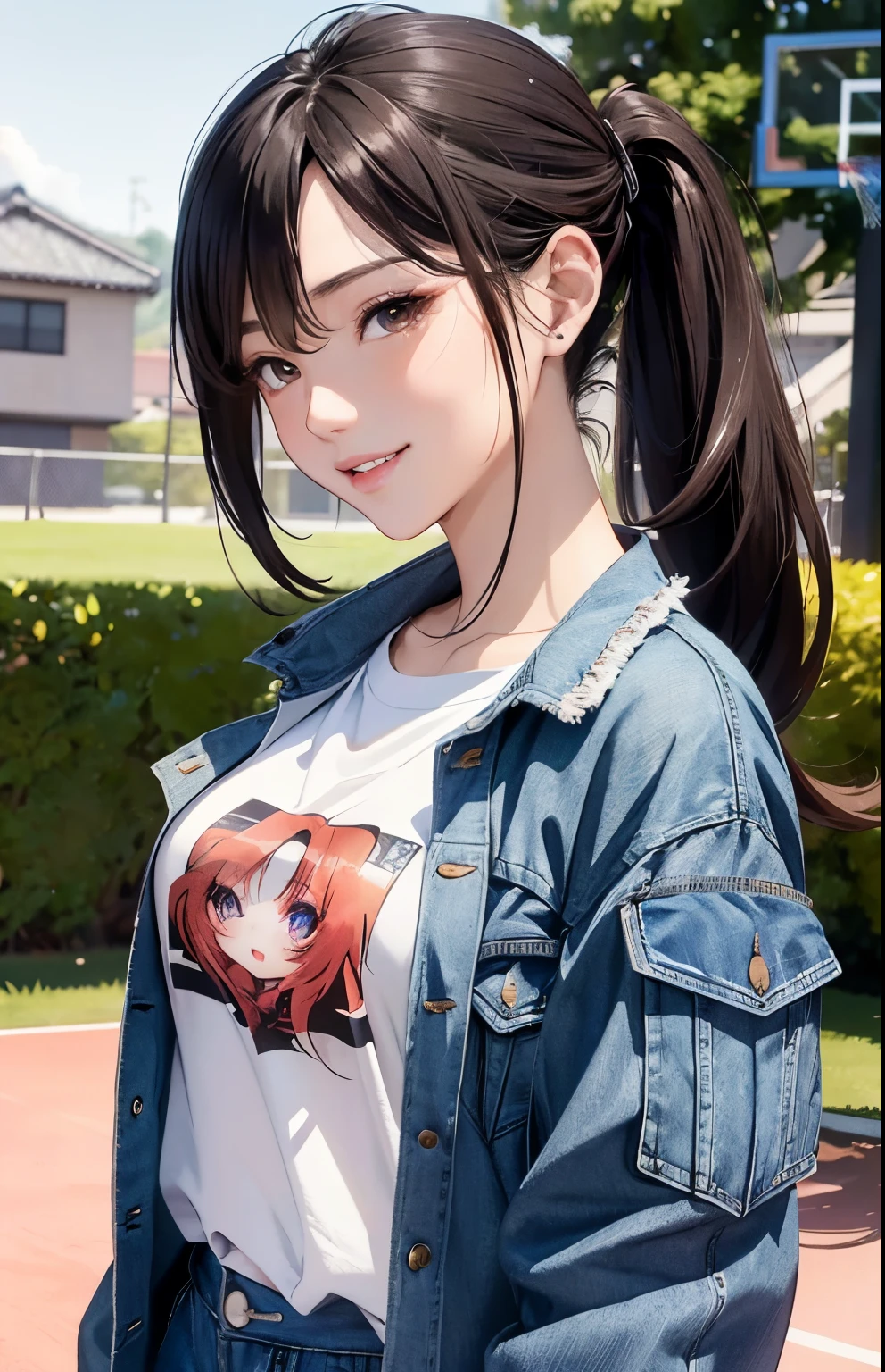 masterpiece、top-quality、hight resolution, outdoor, (basketball court outdoor), High-quality images、8K, 1 woman、skin gloss、Texture of skin and clothing、Detailed eye expression、Lustrous hair,girl with long hair, Manga inspired by Lee Jong-suk, trending on deviantart, Realism, detailed manga style, manga art style, perfect lineart, beautiful line art, digital manga art girl, kpop idol, detailed brown eyes, plump lips, detailed gorgeous face, (cute smile), seductive, innocent, sideview, (perfectly detailed face), (well detailed hand) photorealistic image, depth of field, japanese hime cut hairstyle, ((cute tee shirt, jacket, denim shorts)), narrow waist, ponytail