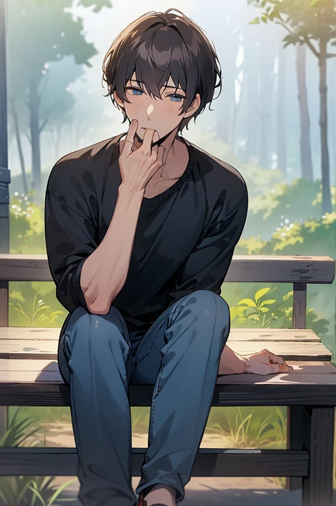masterpiece, best quality, high quality, 1boy, solo, male focus, looking at viewer, upper body, mugi_awaya, Curly short hair, blue eyes, beautiful eyes, black hair, ,long black sweater, long jeans, hiking shoes, soft smile, adult man, sit on a wooden bench, tall body, adult body, slightly muscle, legs